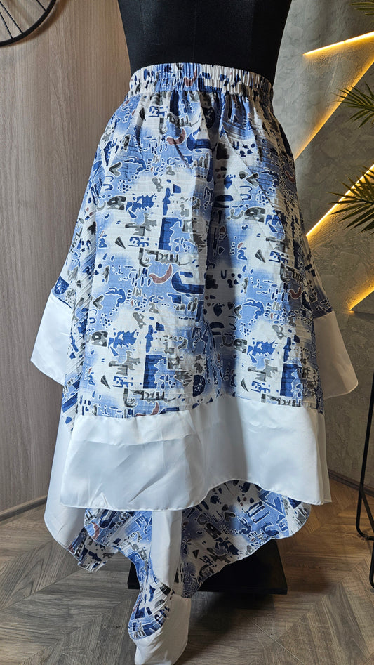 0101-SK-HOB Abstract Printed High-Low Hem Elastic Waist Skirt with Satin Trim- Made in India