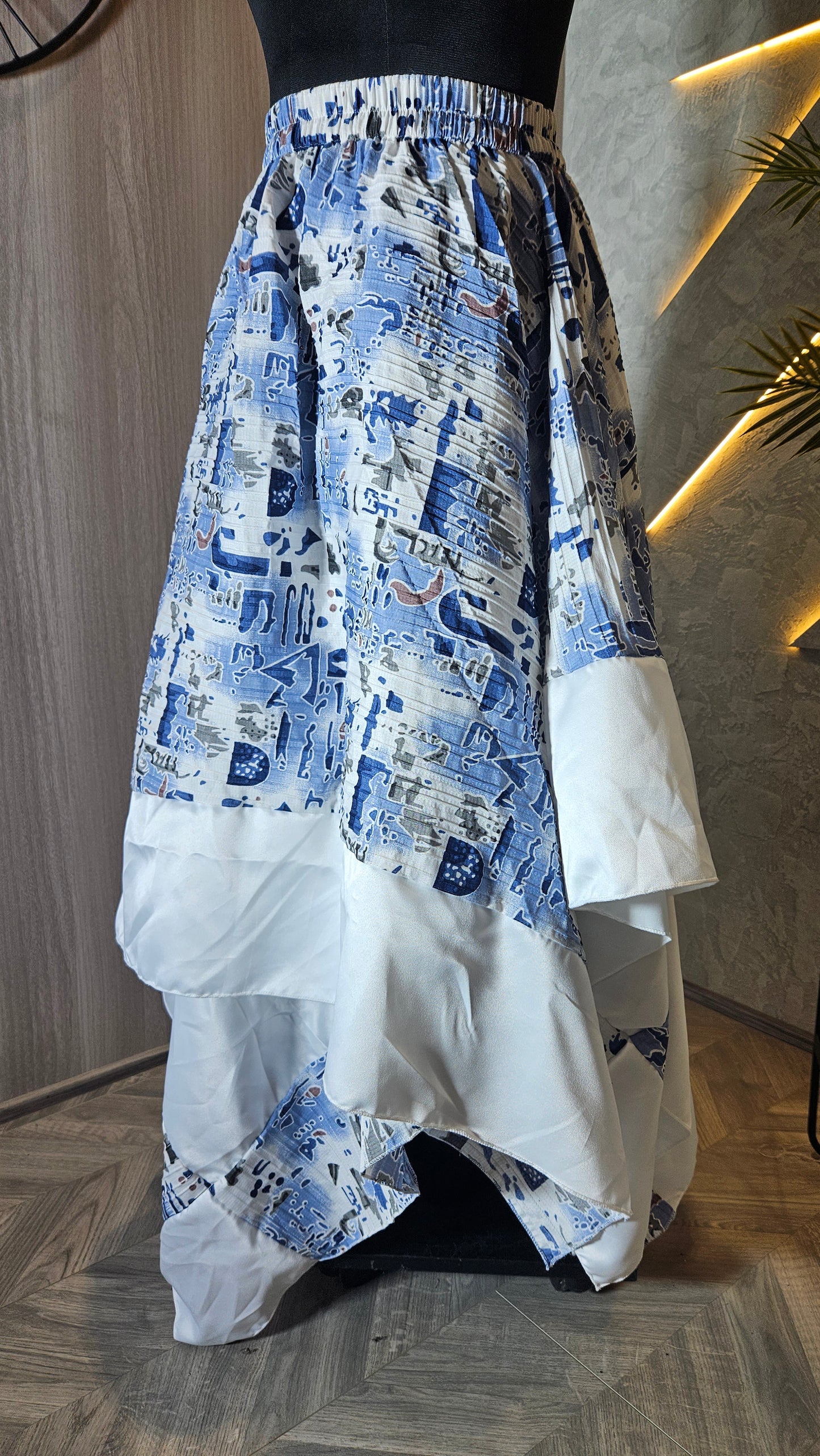 0101-SK-HOB Abstract Printed High-Low Hem Elastic Waist Skirt with Satin Trim- Made in India