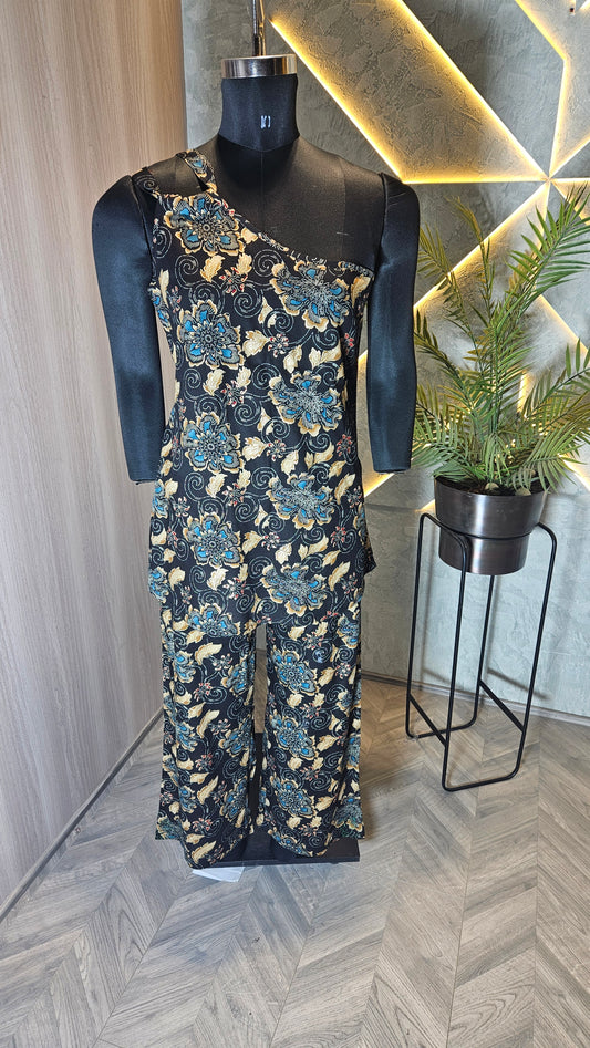0103-C-HOB Elegant One-Shoulder Batik Floral Co-ord Set - Made in India