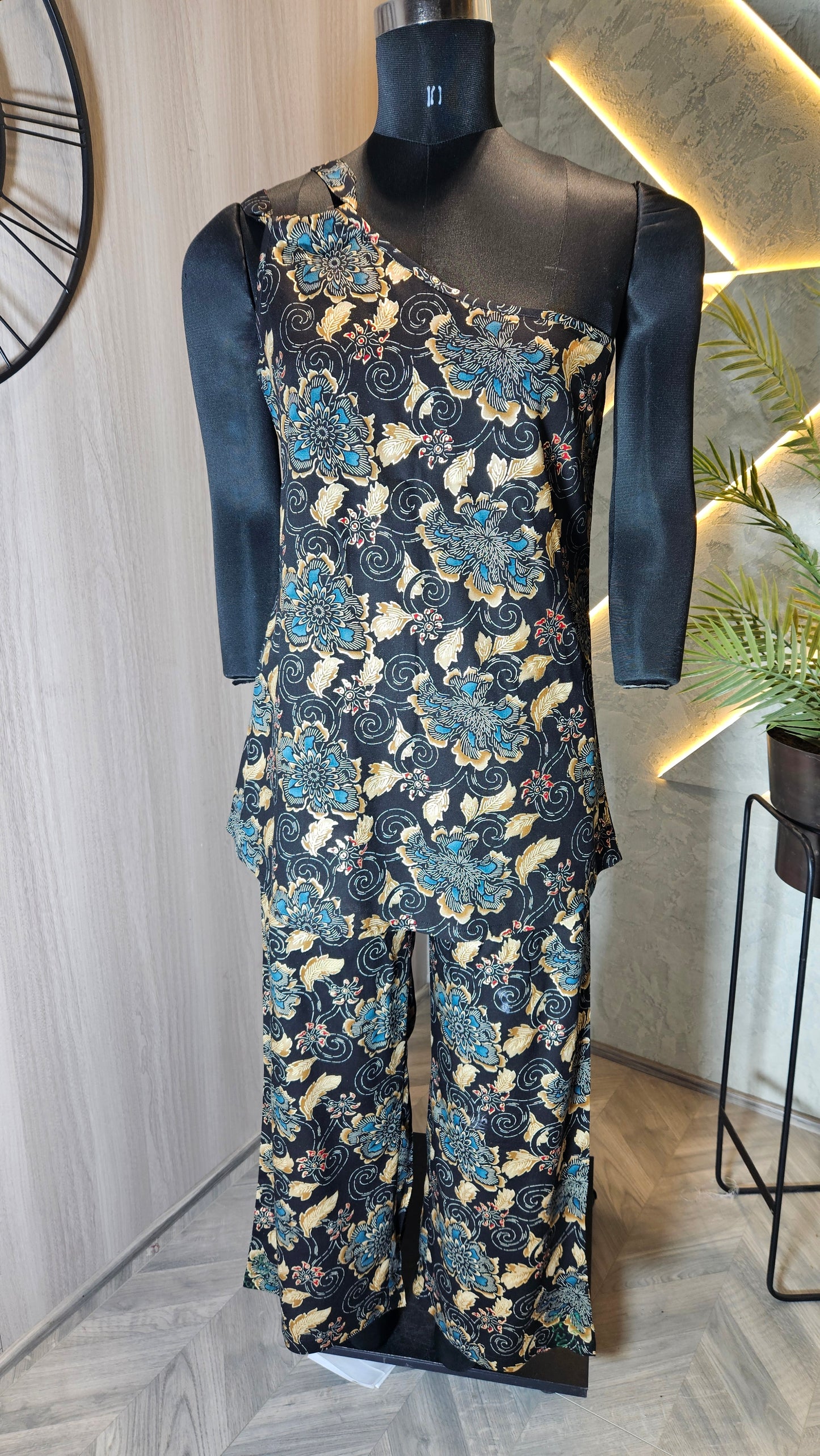 0103-C-HOB Elegant One-Shoulder Batik Floral Co-ord Set - Made in India