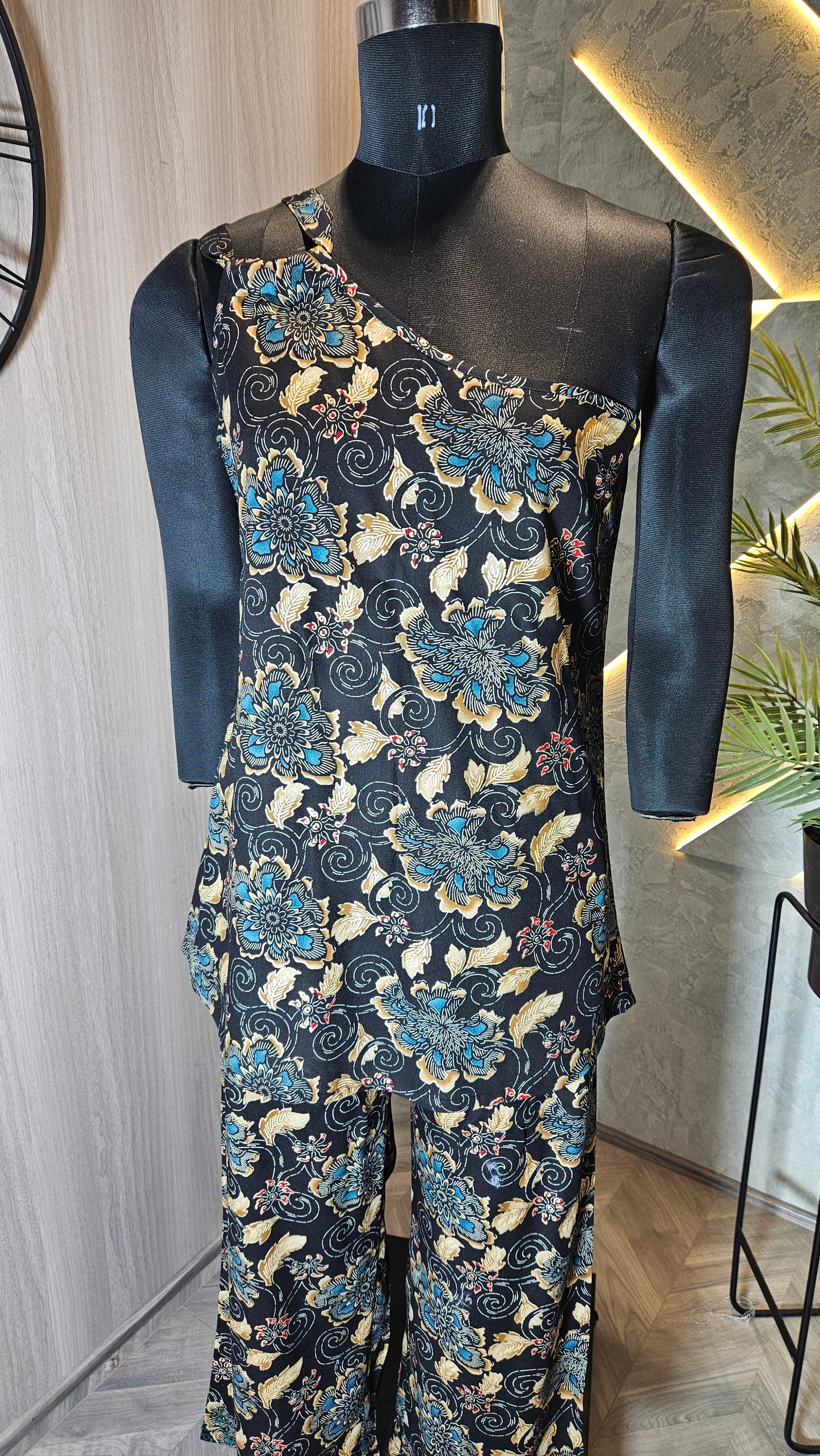 0103-C-HOB Elegant One-Shoulder Batik Floral Co-ord Set - Made in India