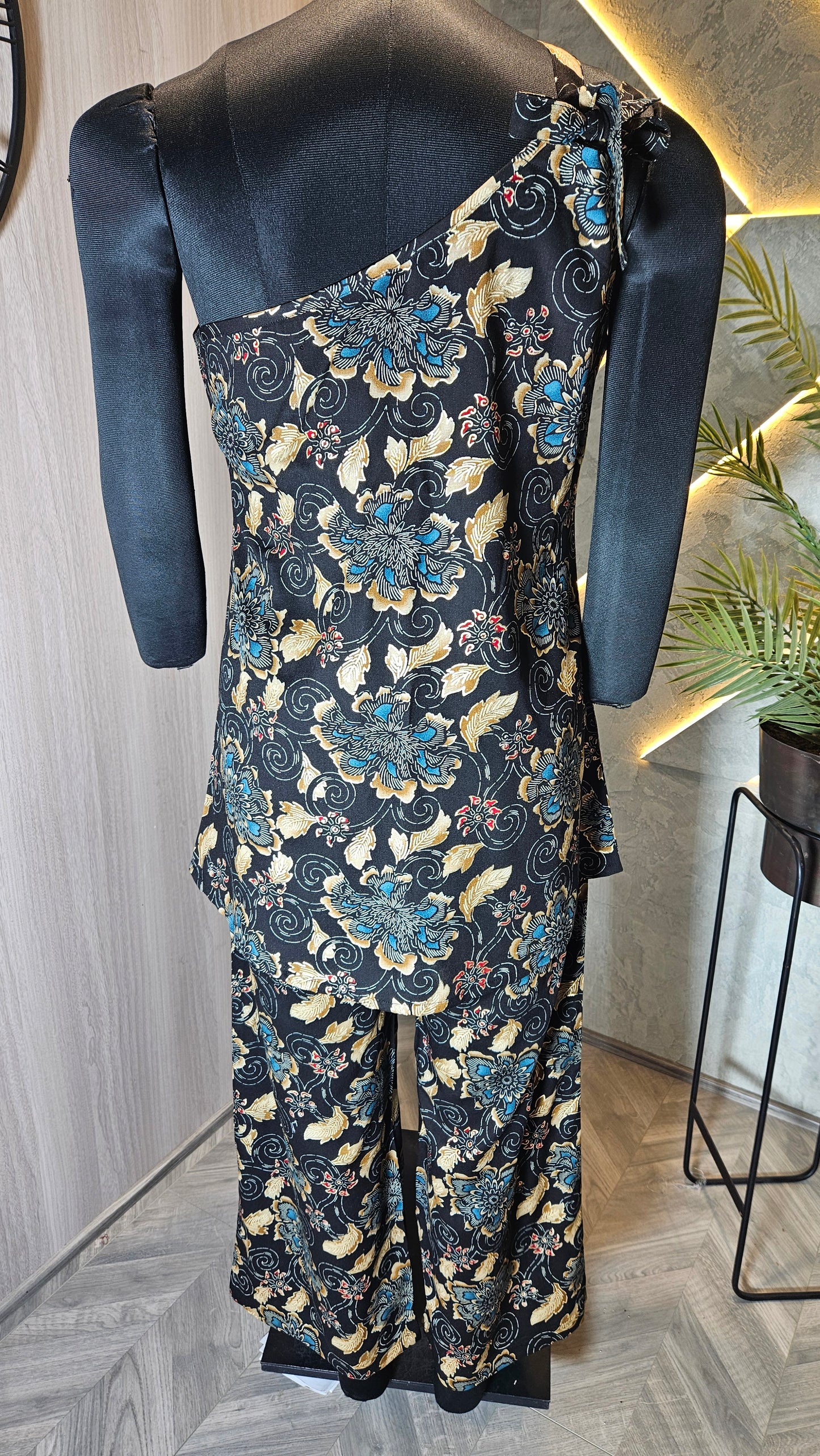0103-C-HOB Elegant One-Shoulder Batik Floral Co-ord Set - Made in India