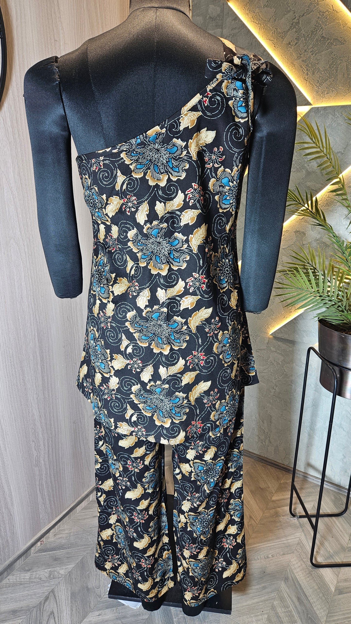 0103-C-HOB Elegant One-Shoulder Batik Floral Co-ord Set - Made in India
