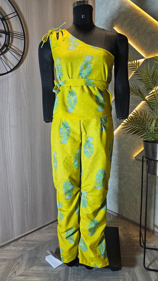 0105-C-HOB Handcrafted One-Shoulder Printed Cotton Jumpsuit- Made in India
