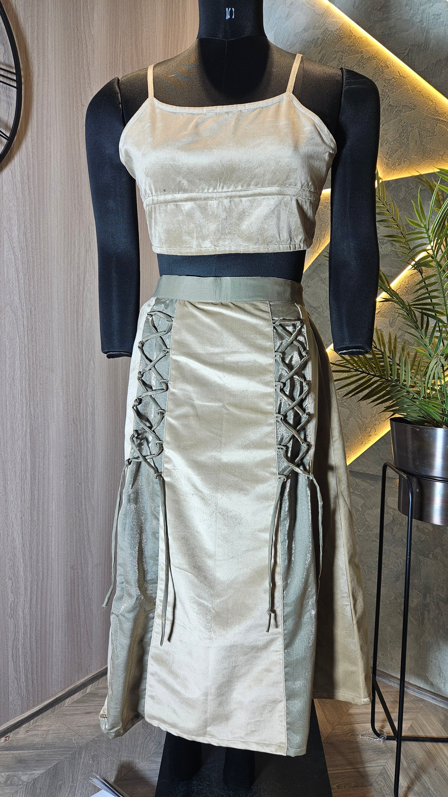 0106-C-HOB Elegant Velvet Crop Top & Corset Lace-Up Skirt Set - Made in India