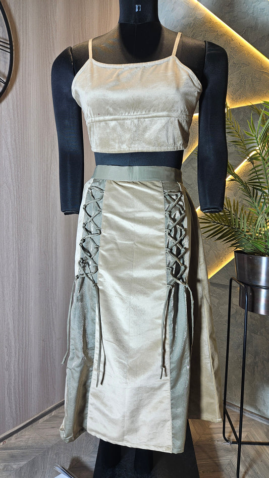 0106-C-HOB Elegant Velvet Crop Top & Corset Lace-Up Skirt Set - Made in India