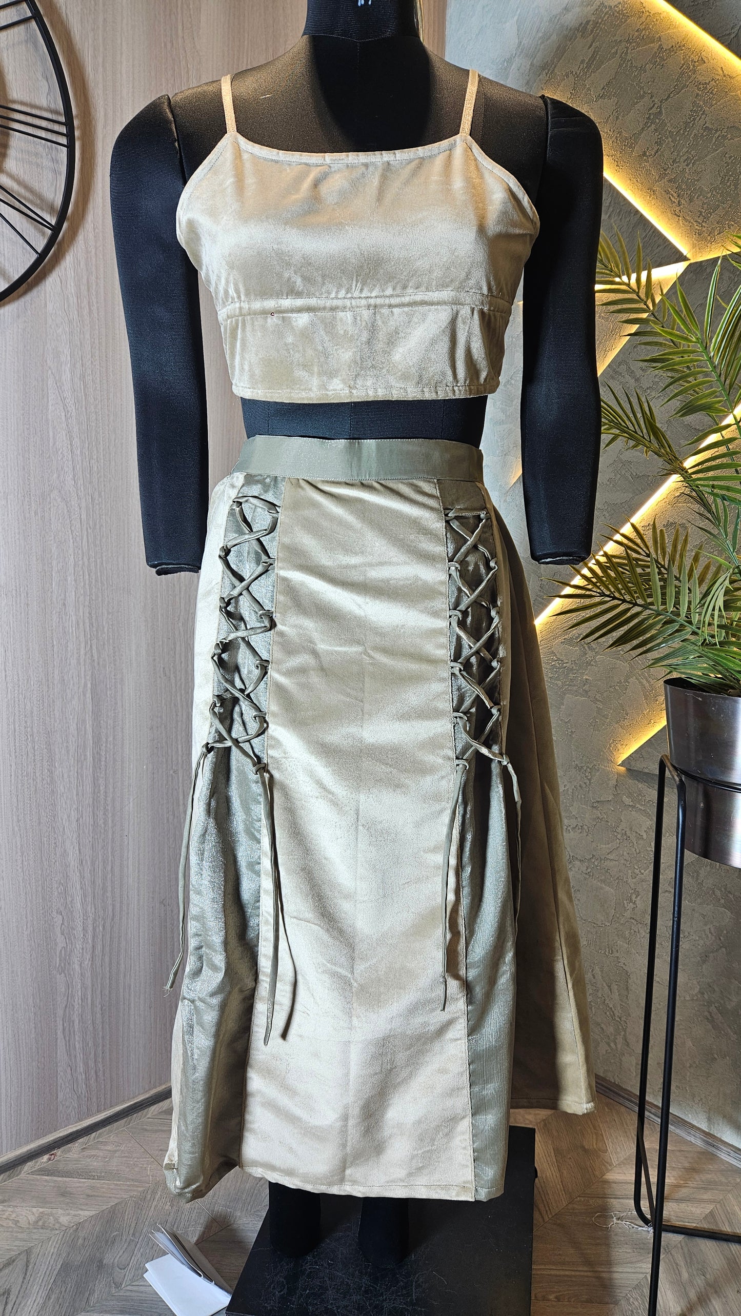 0106-C-HOB Elegant Velvet Crop Top & Corset Lace-Up Skirt Set - Made in India