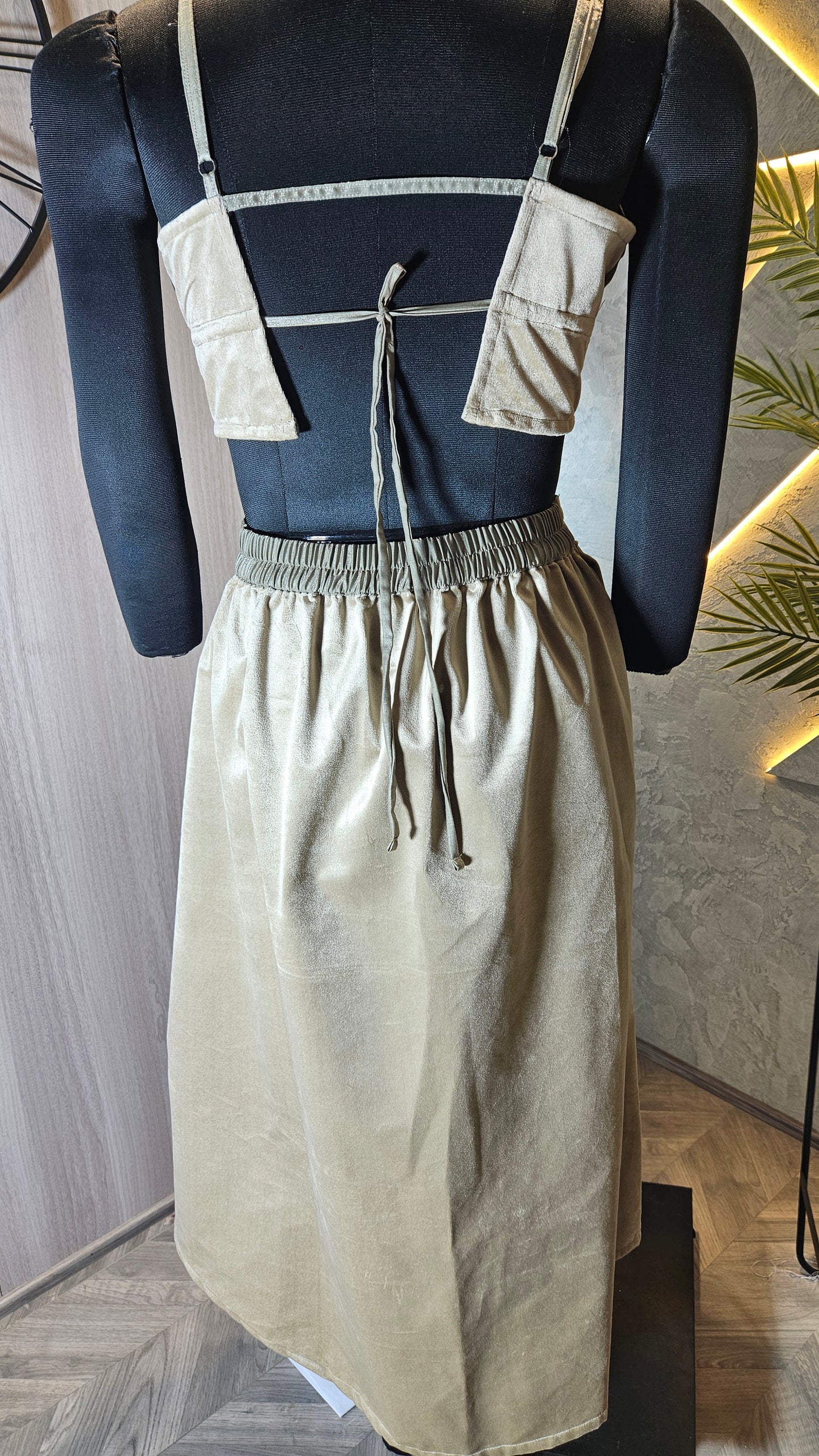0106-C-HOB Elegant Velvet Crop Top & Corset Lace-Up Skirt Set - Made in India