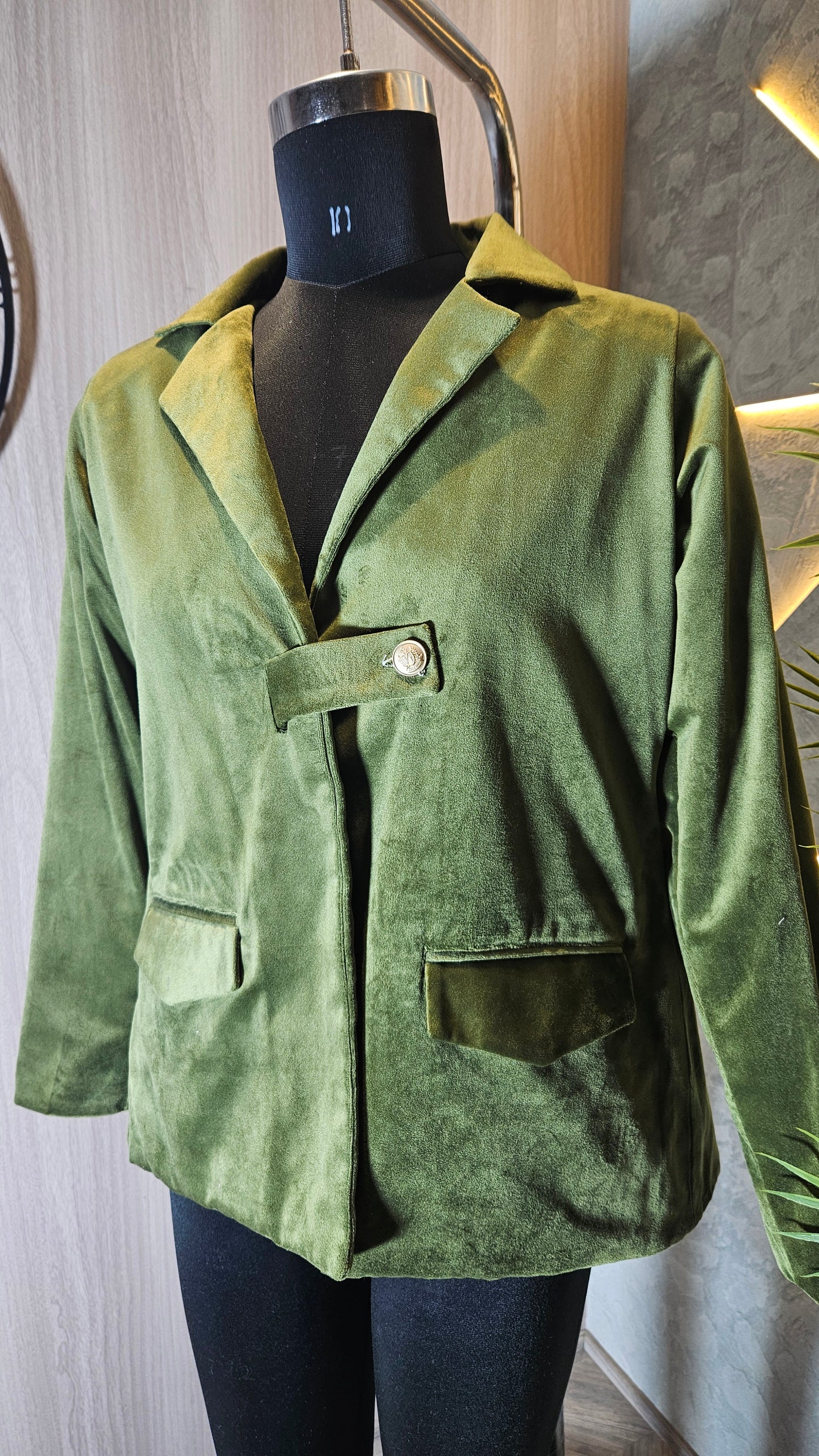 0117-J-HOB- Women's Olive Green Velvet Blazer Jacket - Made in India