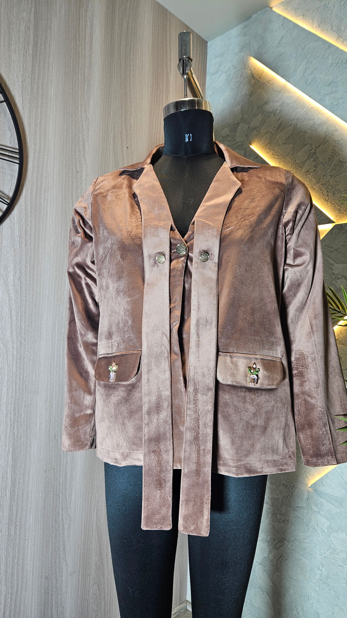 0120-J-HOB-Velvet Blazer-Style Women's Top with Embellished Pockets - Made in India