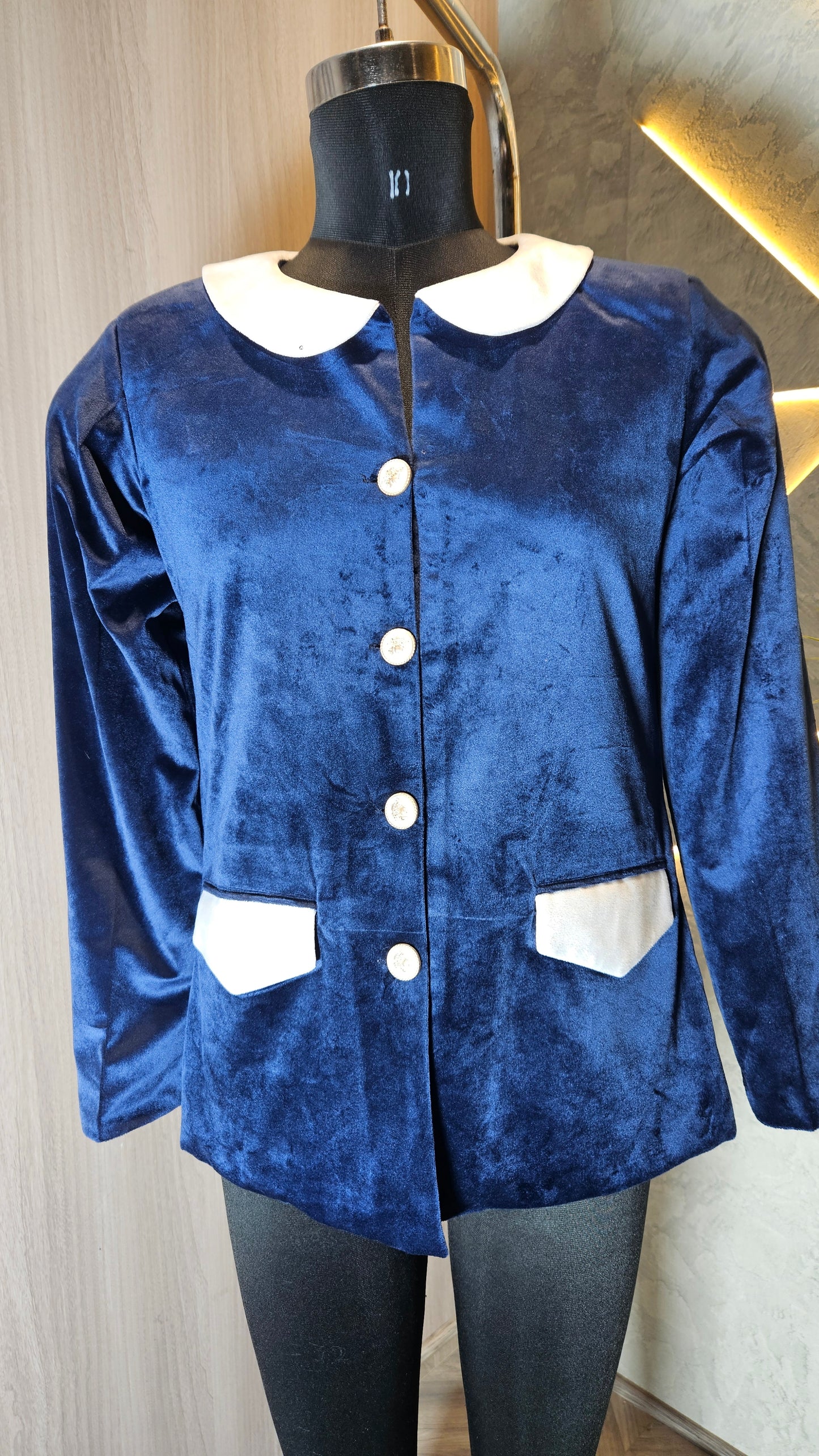 0122-J-HOB- Women's Velvet Contrast Collar & Pocket Buttoned Top - Made in India