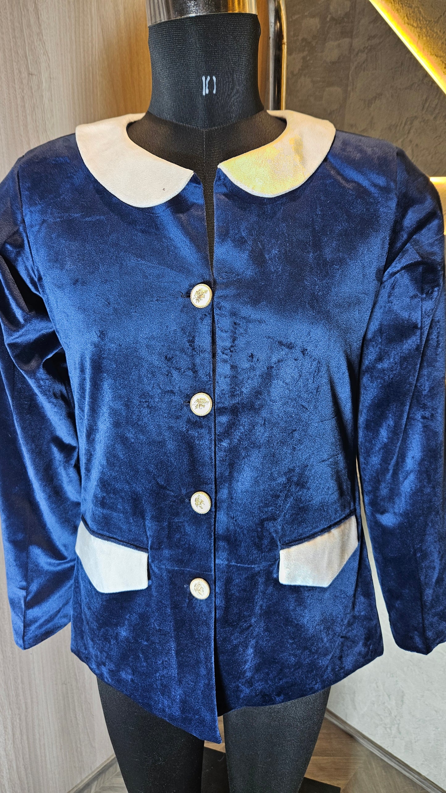 0122-J-HOB- Women's Velvet Contrast Collar & Pocket Buttoned Top - Made in India