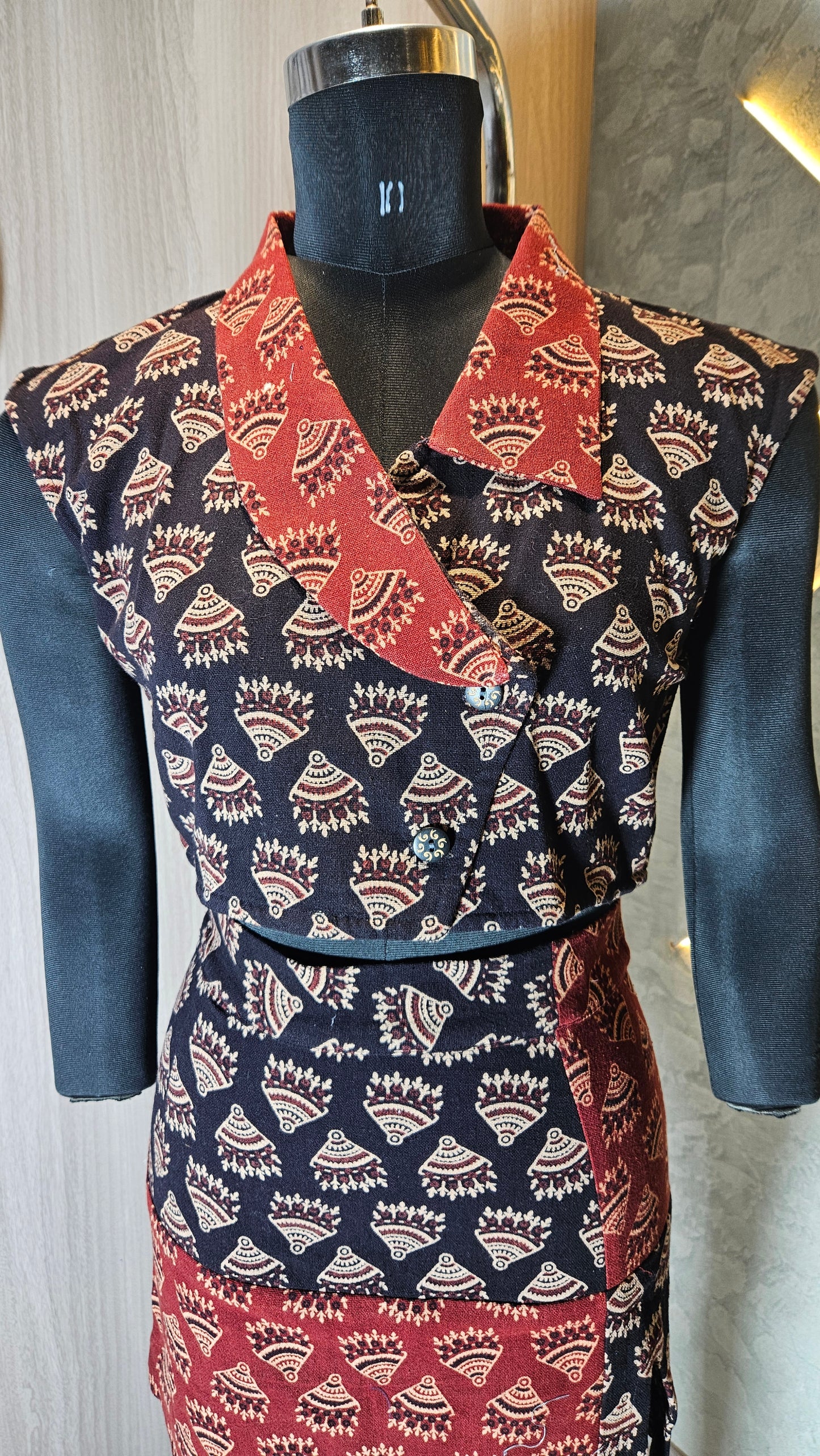 0125-C-HOB- Women's Ethnic Fusion Wrap Top with Skirt in Handblock Print - Made in India