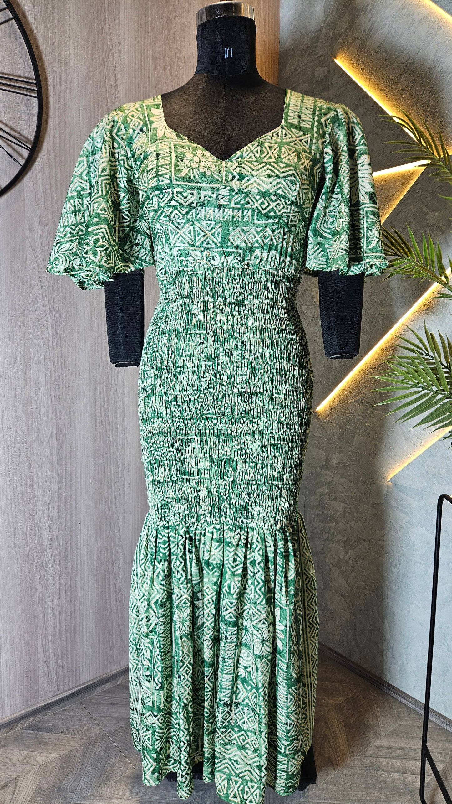 0129-D-HOB- Ethnic Elegance Smocked Maxi Dress with Flared Sleeves - Made in India