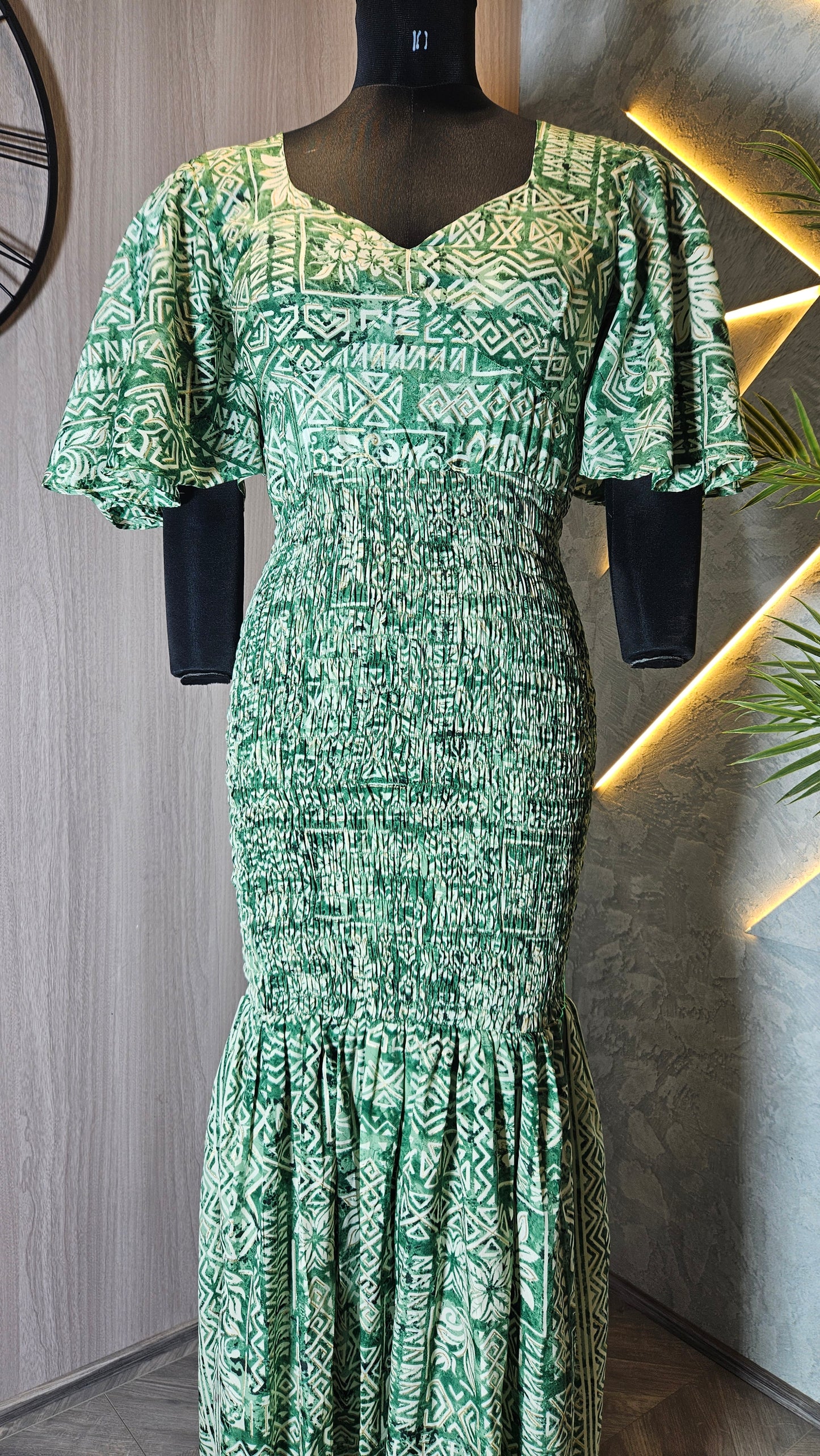 0129-D-HOB- Ethnic Elegance Smocked Maxi Dress with Flared Sleeves - Made in India