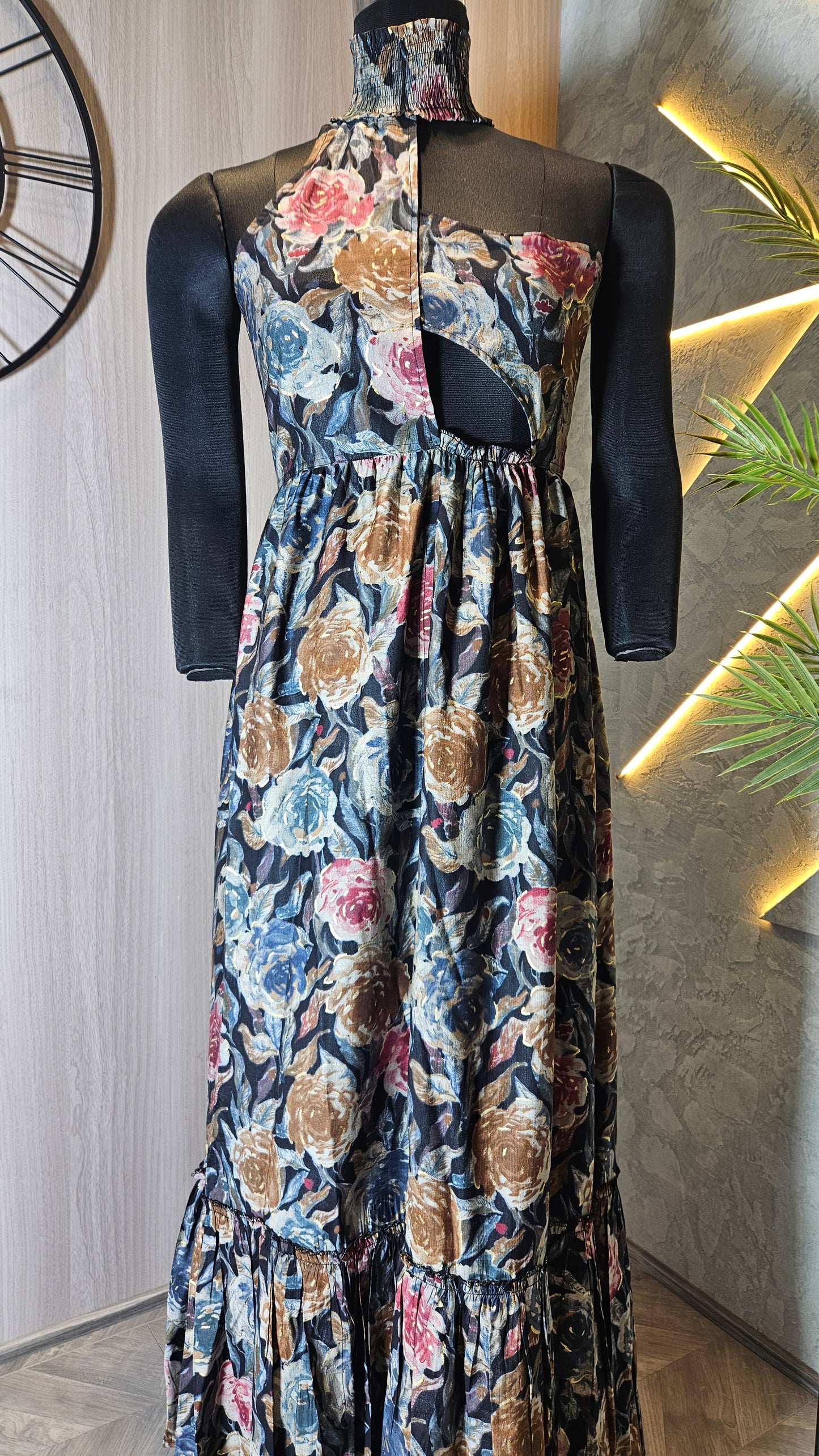 0130-C-HOB- Women's High Neck Floral Maxi Dress with Side Cut-Out - Made in India