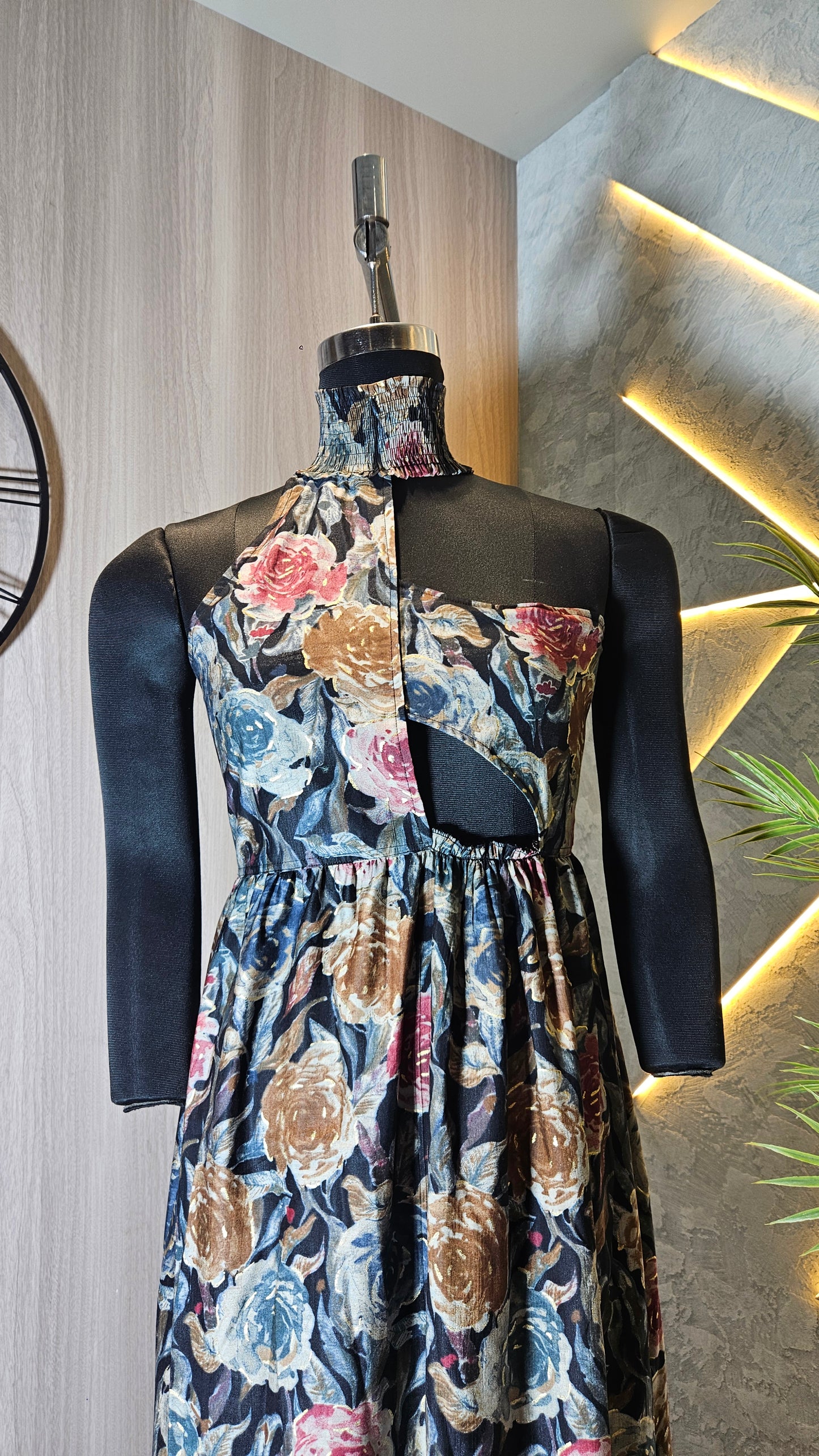 0130-C-HOB- Women's High Neck Floral Maxi Dress with Side Cut-Out - Made in India