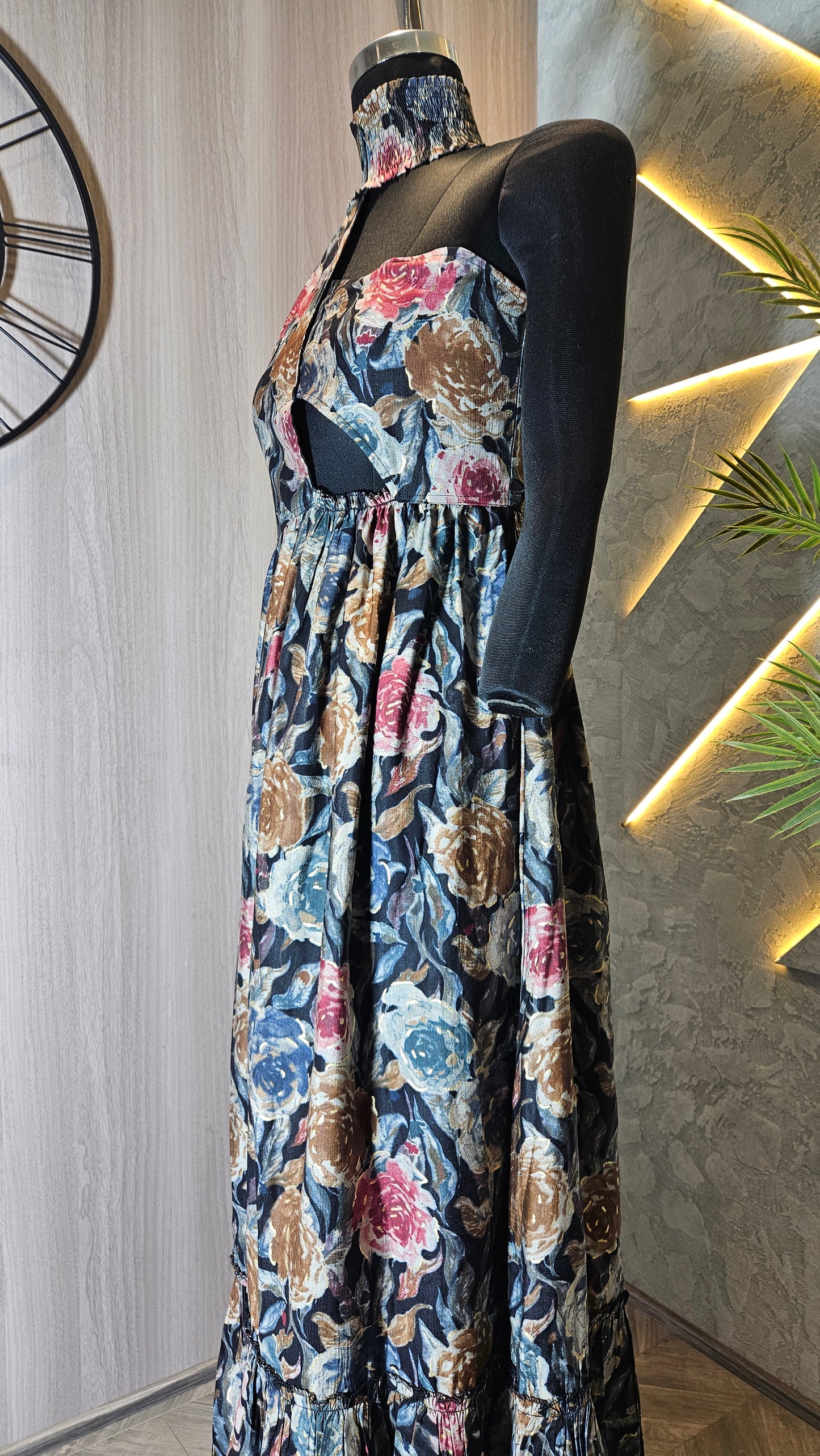 0130-C-HOB- Women's High Neck Floral Maxi Dress with Side Cut-Out - Made in India