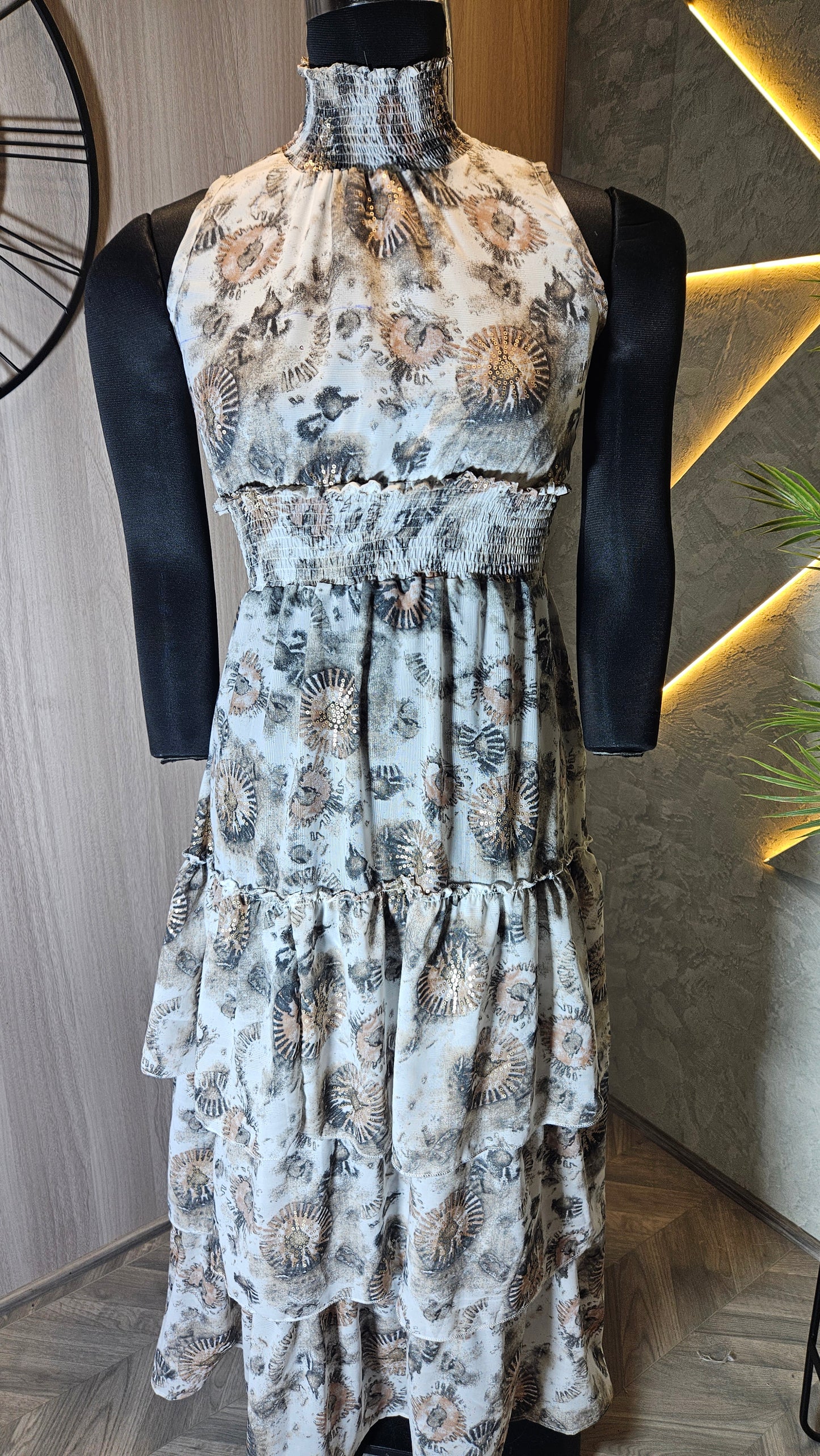 0135-D-HOB- Elegant Tiered Printed Maxi Dress with Smocked Waist and Neckline- Made in India