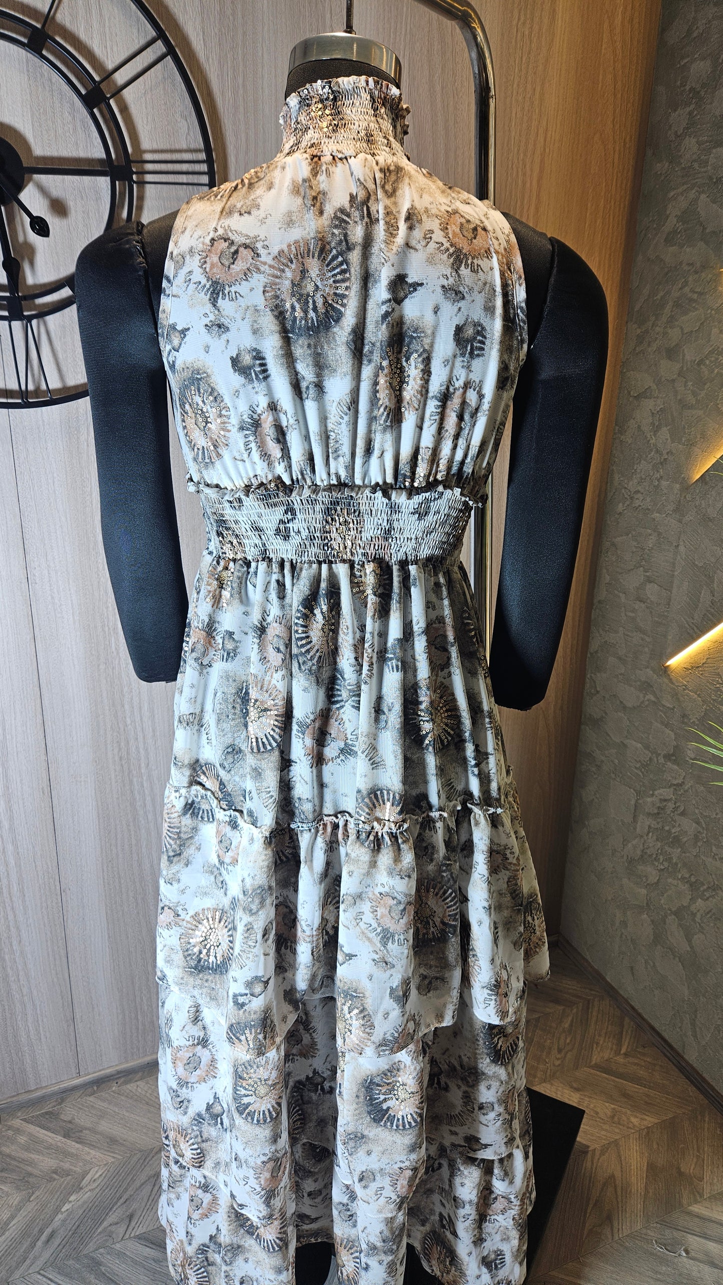 0135-D-HOB- Elegant Tiered Printed Maxi Dress with Smocked Waist and Neckline- Made in India