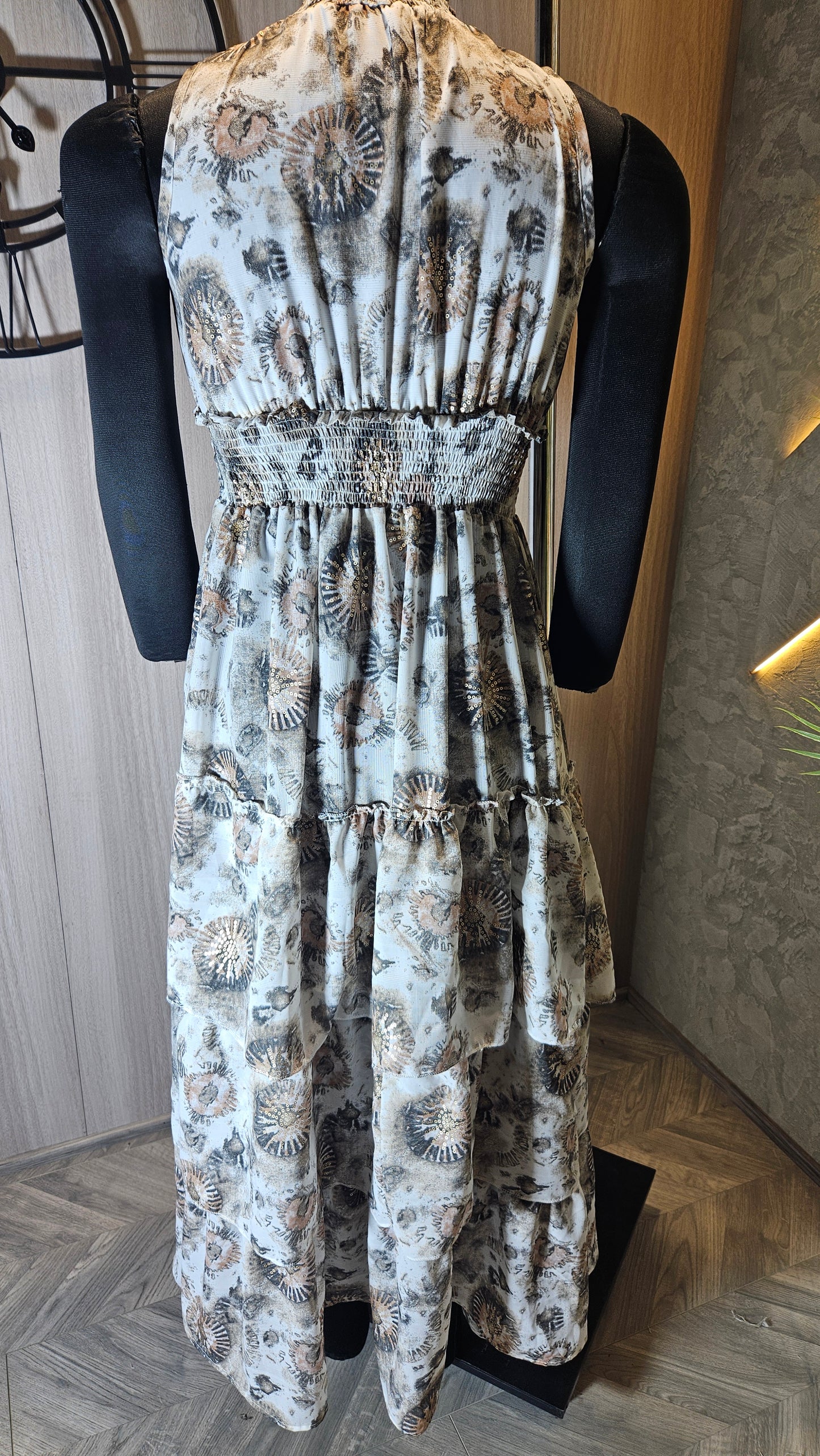 0135-D-HOB- Elegant Tiered Printed Maxi Dress with Smocked Waist and Neckline- Made in India