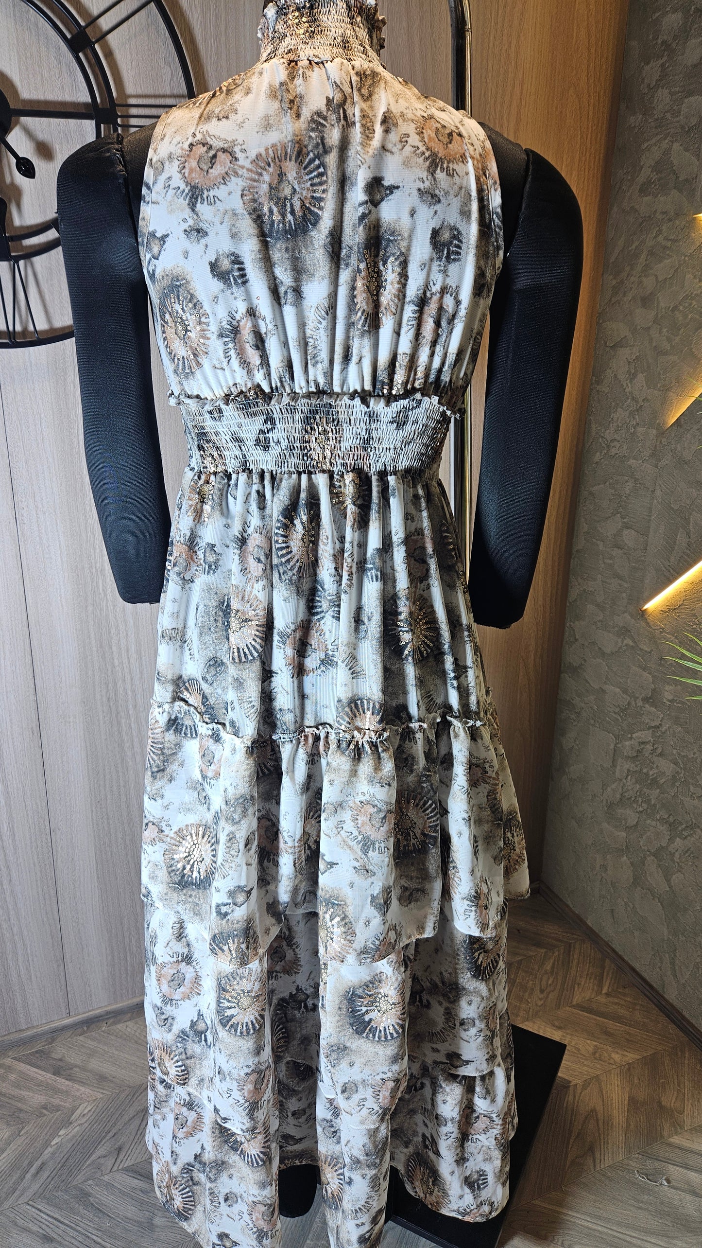 0135-D-HOB- Elegant Tiered Printed Maxi Dress with Smocked Waist and Neckline- Made in India