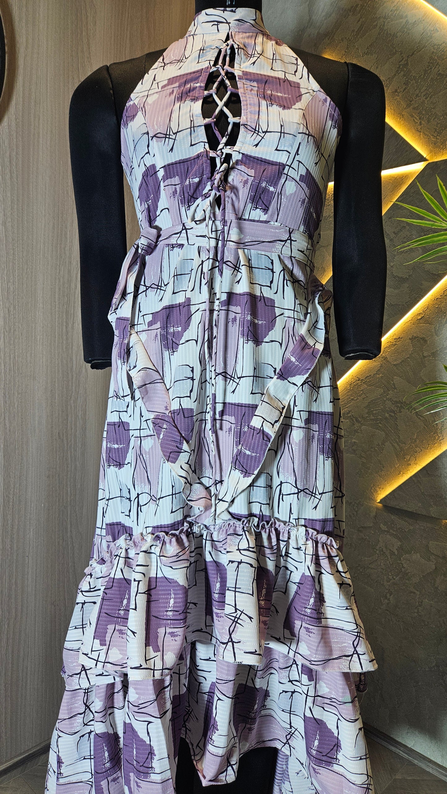 0136-D-HOB- Elegant Abstract Print Halter Neck Ruffle Dress- Made in India