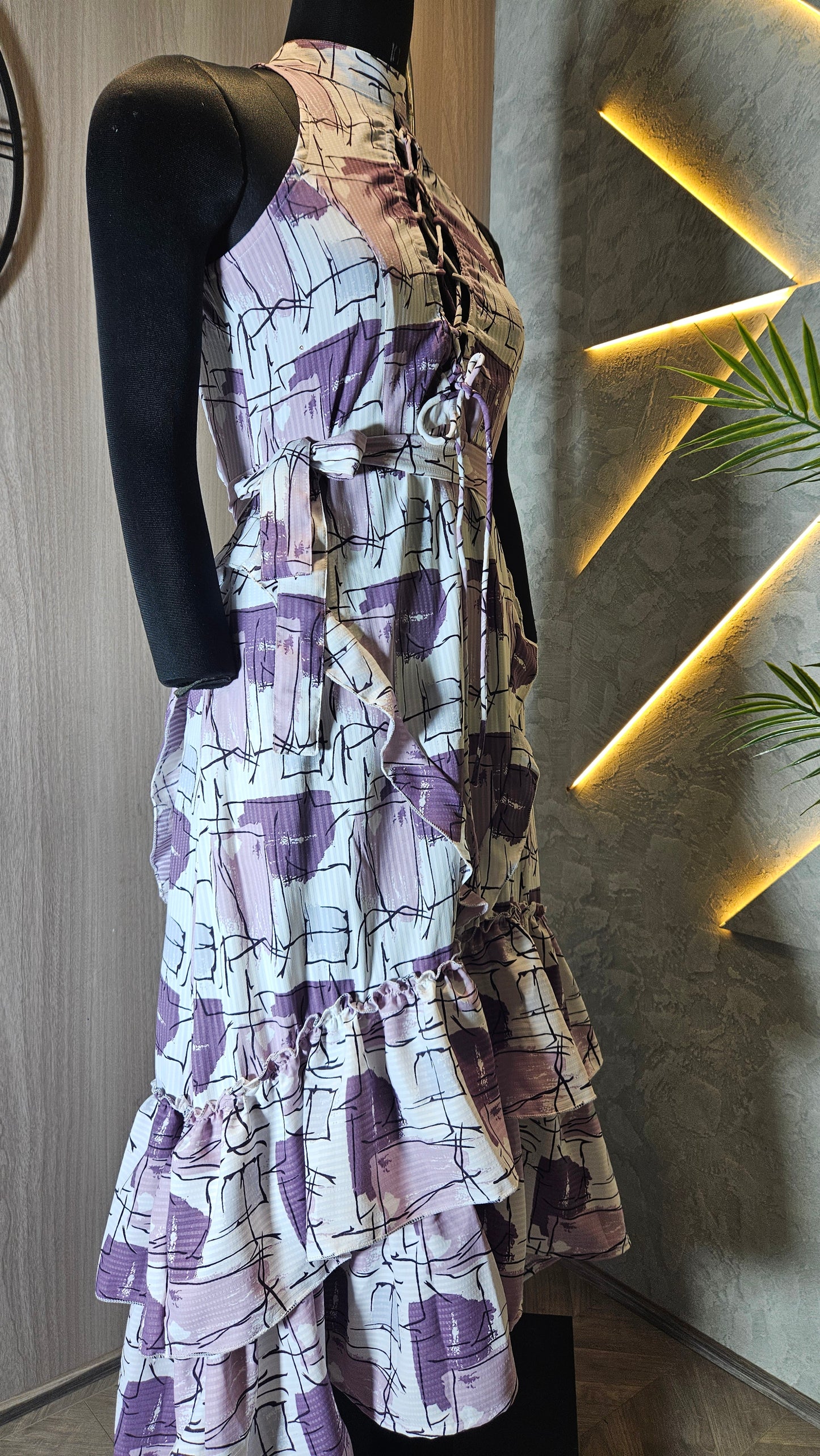 0136-D-HOB- Elegant Abstract Print Halter Neck Ruffle Dress- Made in India