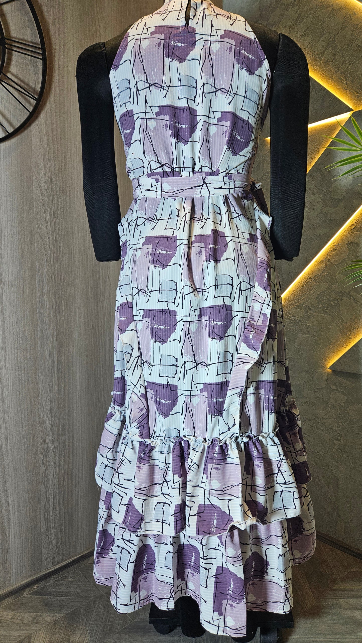 0136-D-HOB- Elegant Abstract Print Halter Neck Ruffle Dress- Made in India