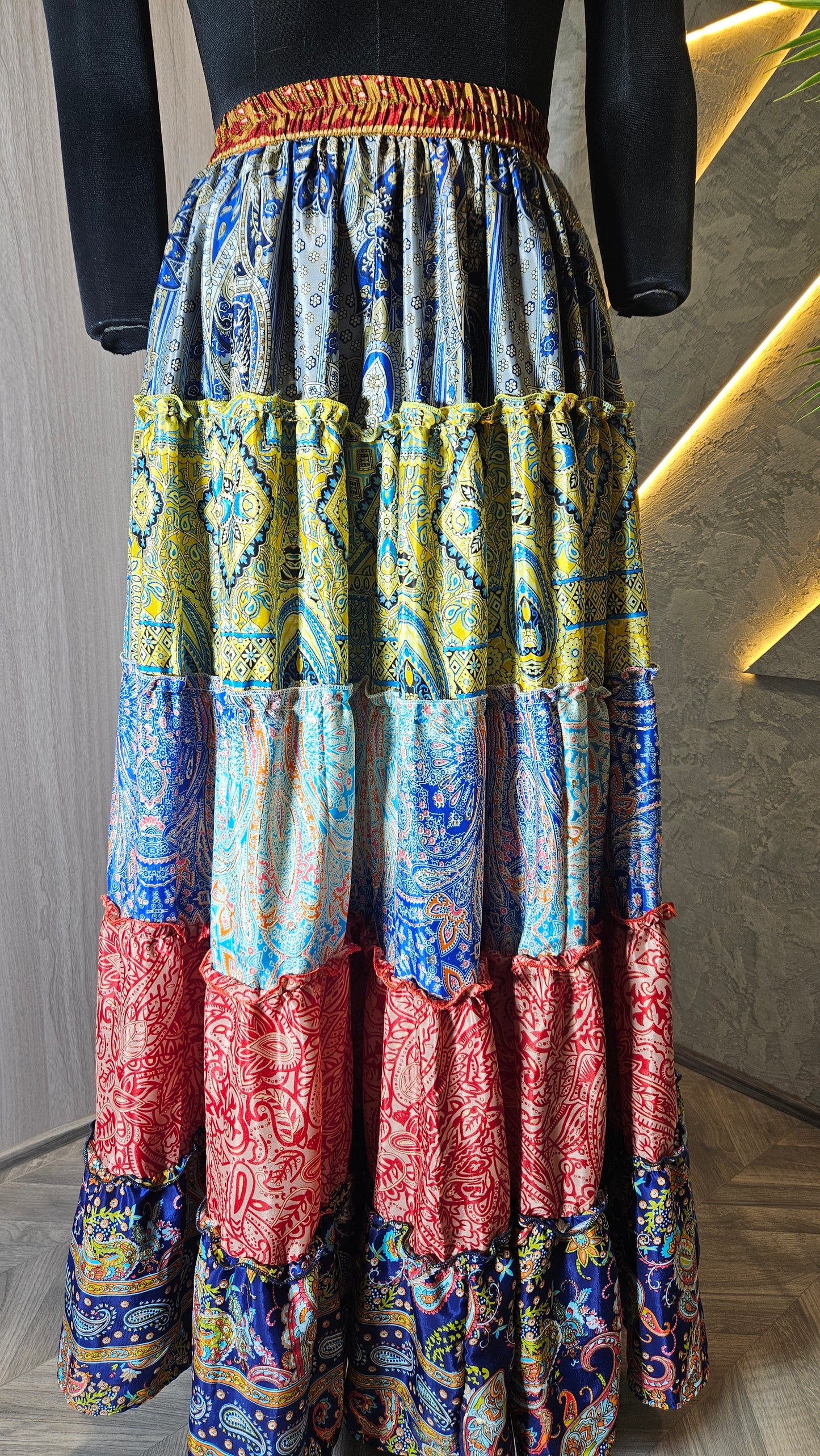 0139-SK-HOB- Bohemian Multicolor Tiered Patchwork Maxi Skirt - Made in India