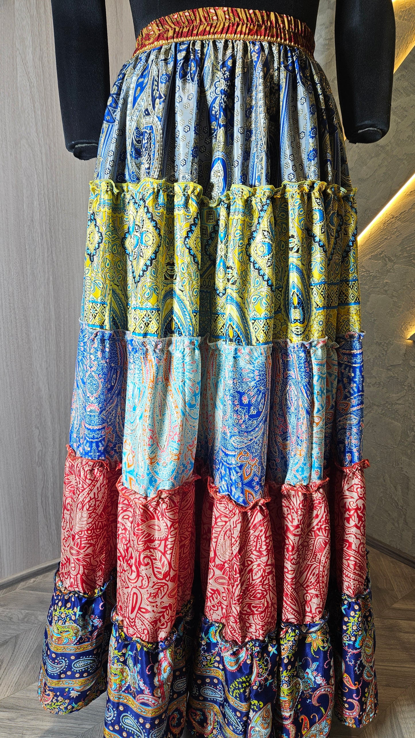 0139-SK-HOB- Bohemian Multicolor Tiered Patchwork Maxi Skirt - Made in India