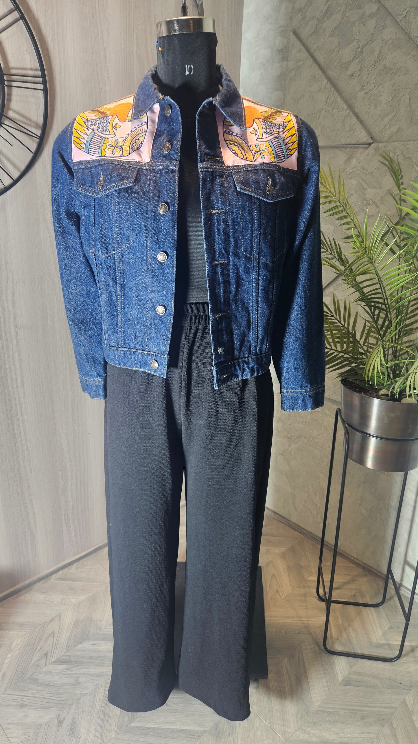 0145-J-HOB-Handcrafted Denim Jacket with Folk Art Bird Embroidery - Made in India