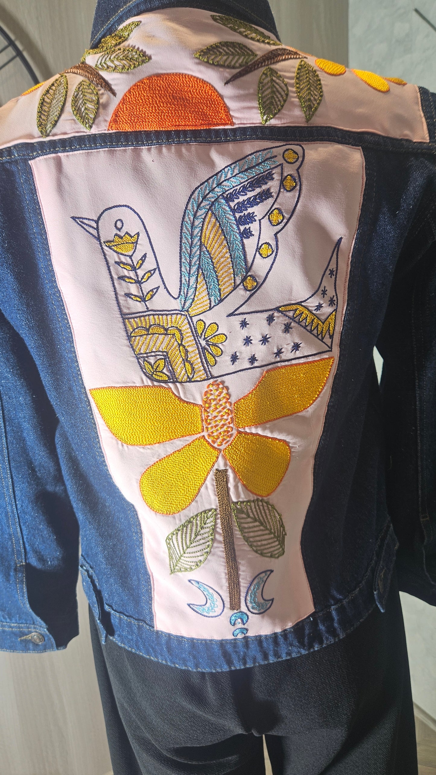 0145-J-HOB-Handcrafted Denim Jacket with Folk Art Bird Embroidery - Made in India