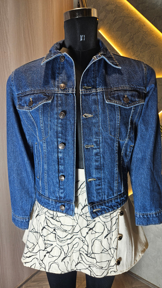 0148-J-HOB-Classic Indigo Denim Jacket with Abstract Print Skirt Set - Made in India