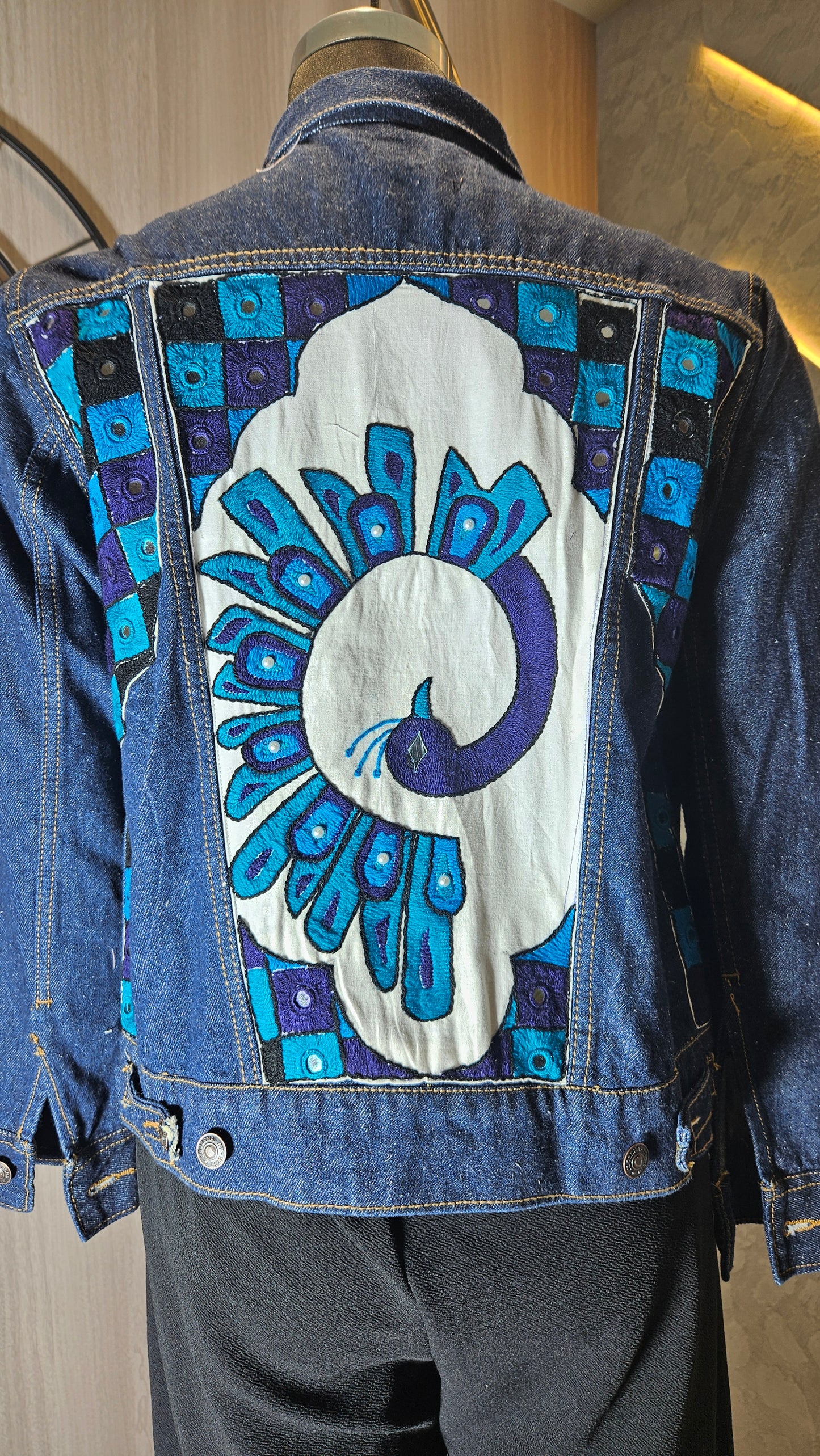 0157-J-HOB-Elegant Denim Jacket with Handcrafted Peacock Embroidery- Made in India