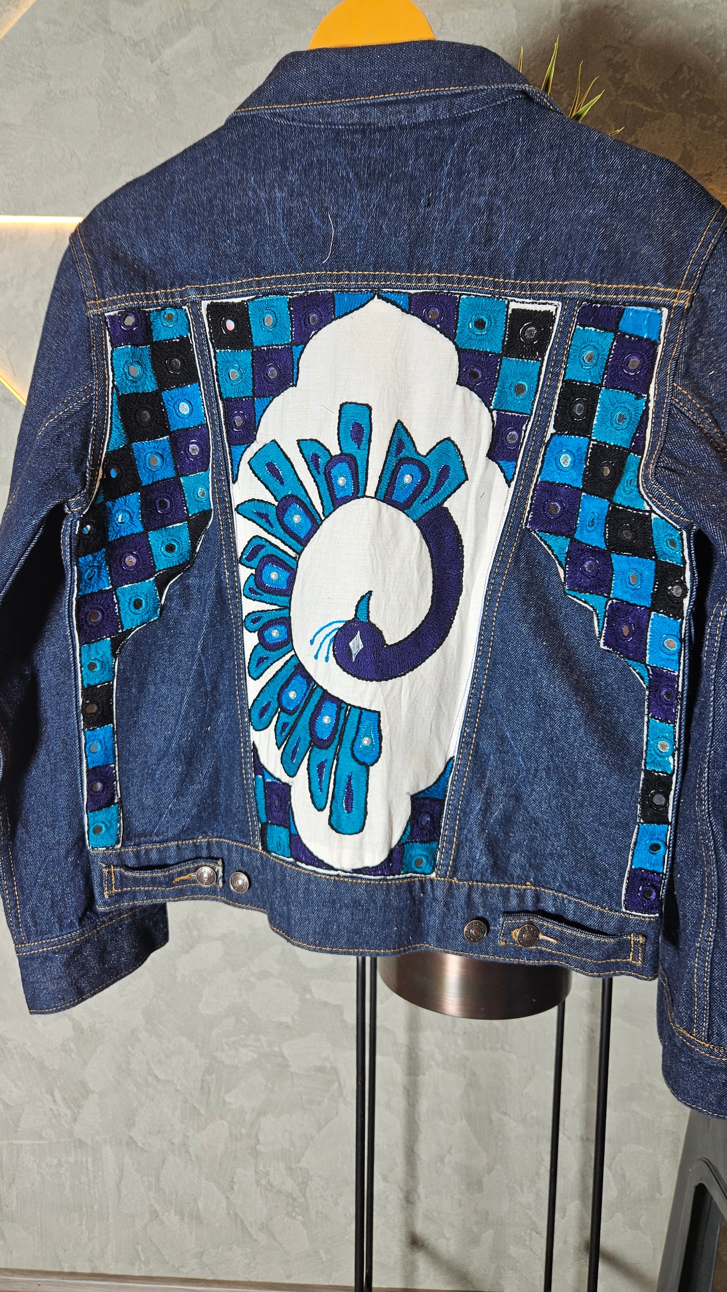 0157-J-HOB-Elegant Denim Jacket with Handcrafted Peacock Embroidery- Made in India