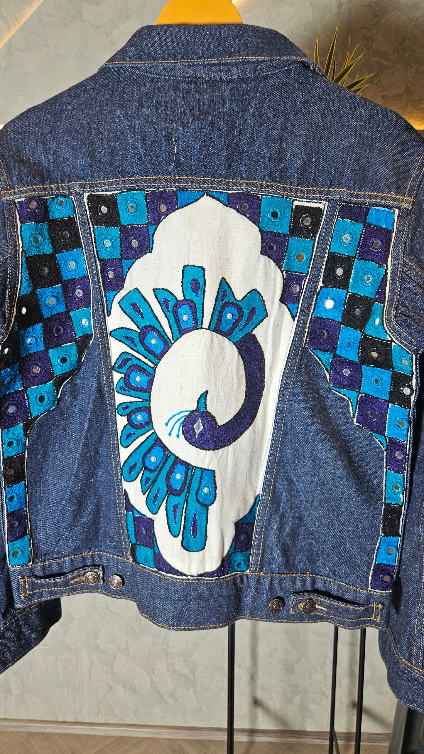 0157-J-HOB-Elegant Denim Jacket with Handcrafted Peacock Embroidery- Made in India