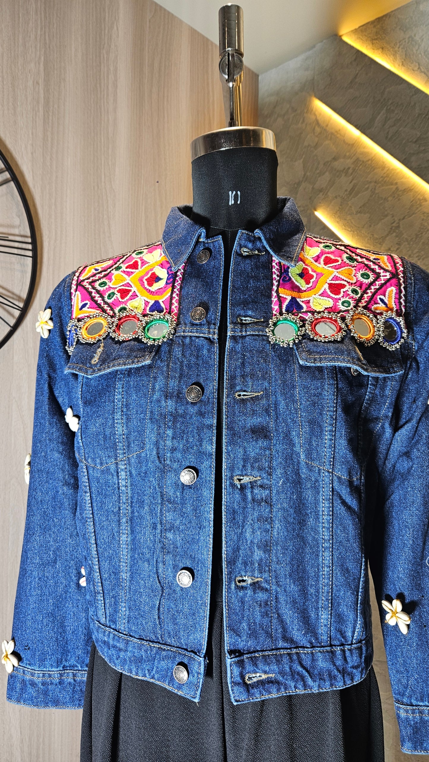 0158-J-HOB-Boho Chic Embroidered Denim Jacket with Mirror Work - Made in India