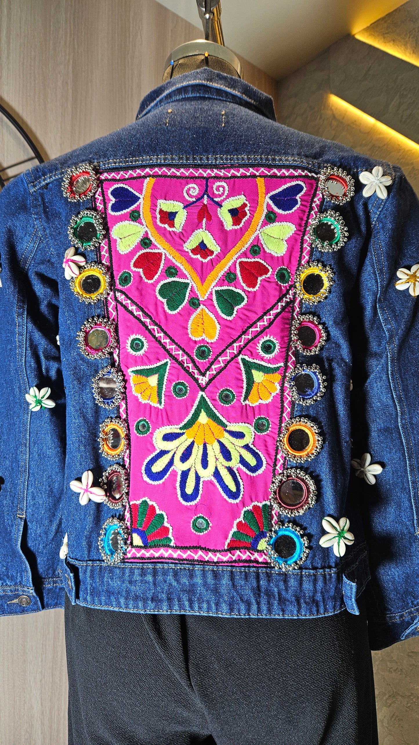 0158-J-HOB-Boho Chic Embroidered Denim Jacket with Mirror Work - Made in India