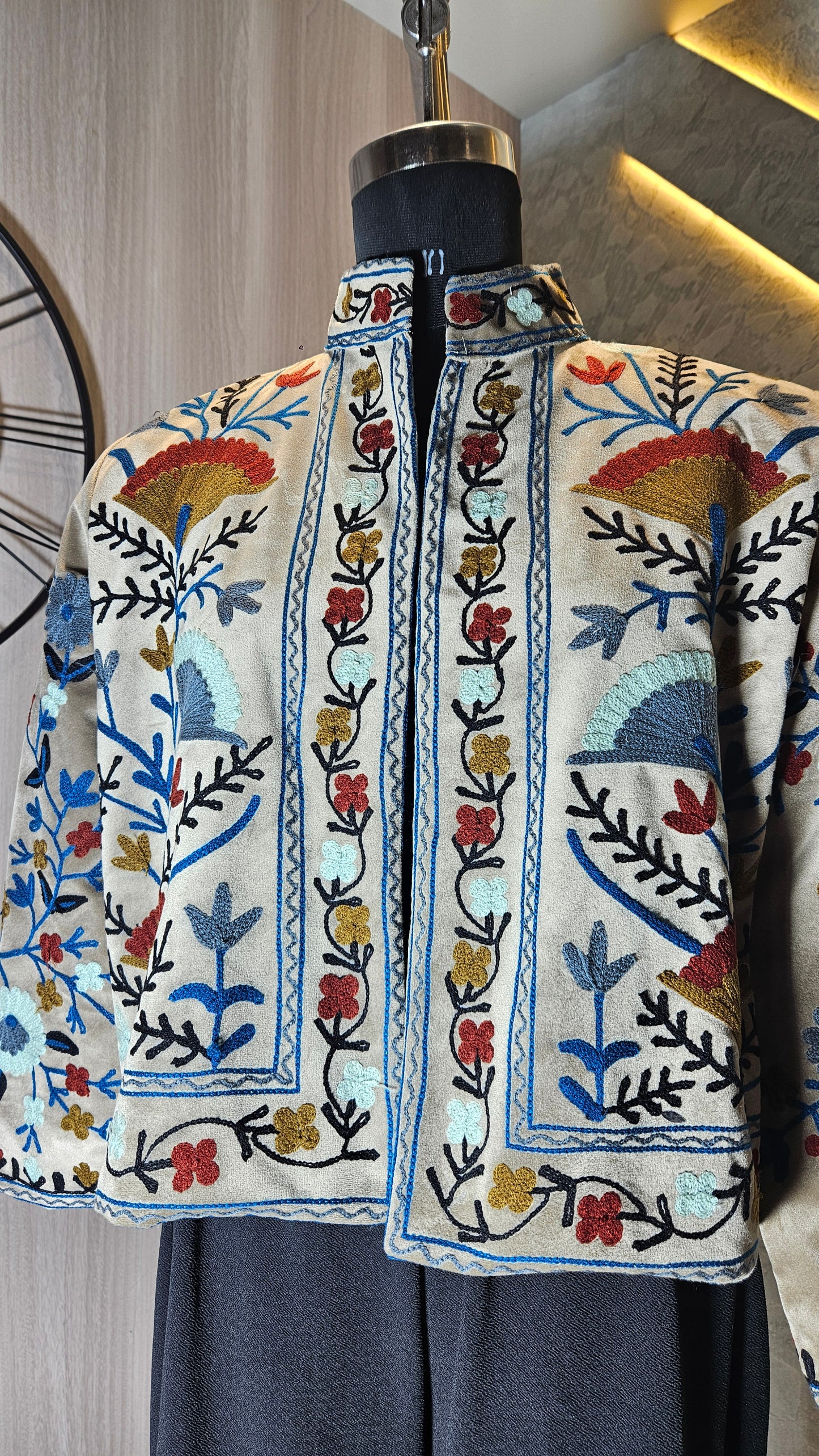0160-J-HOB-Handcrafted Kashmiri Suede Embroidered Jacket - Made in India