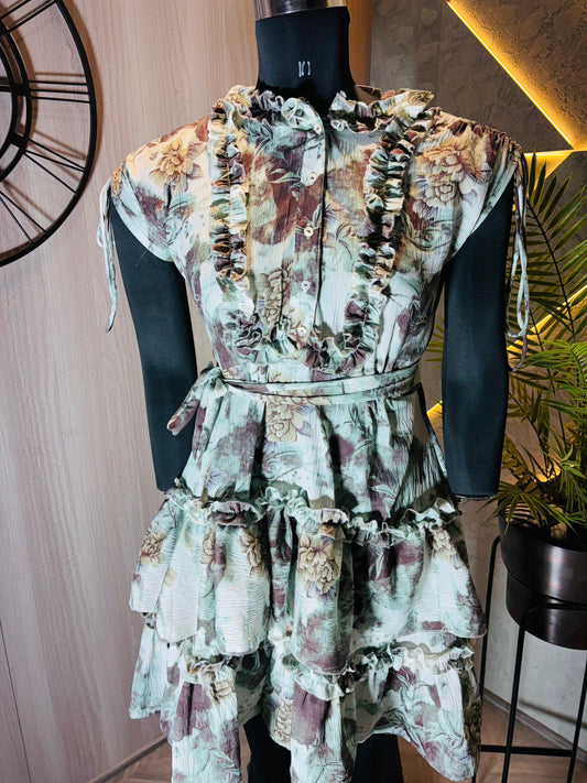 0227-D-HOB - Elegant Floral Ruffled Tiered Short Dress Top - Made in india