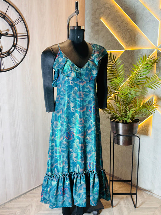 0226-D-HOB -Elegant One-Shoulder Ruffled Midi Dress with Artistic Print - Made in india