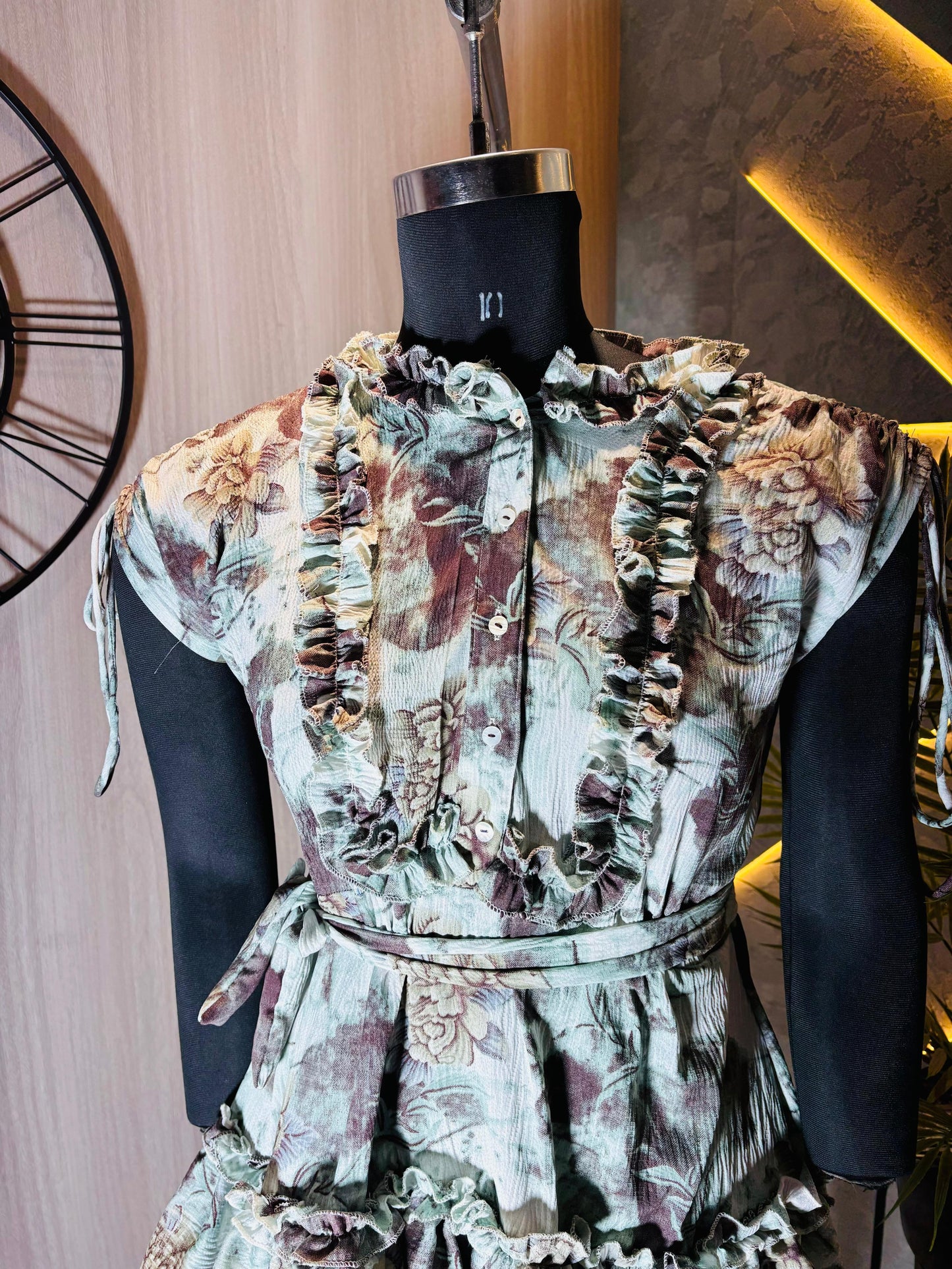 0227-D-HOB - Elegant Floral Ruffled Tiered Short Dress Top - Made in india