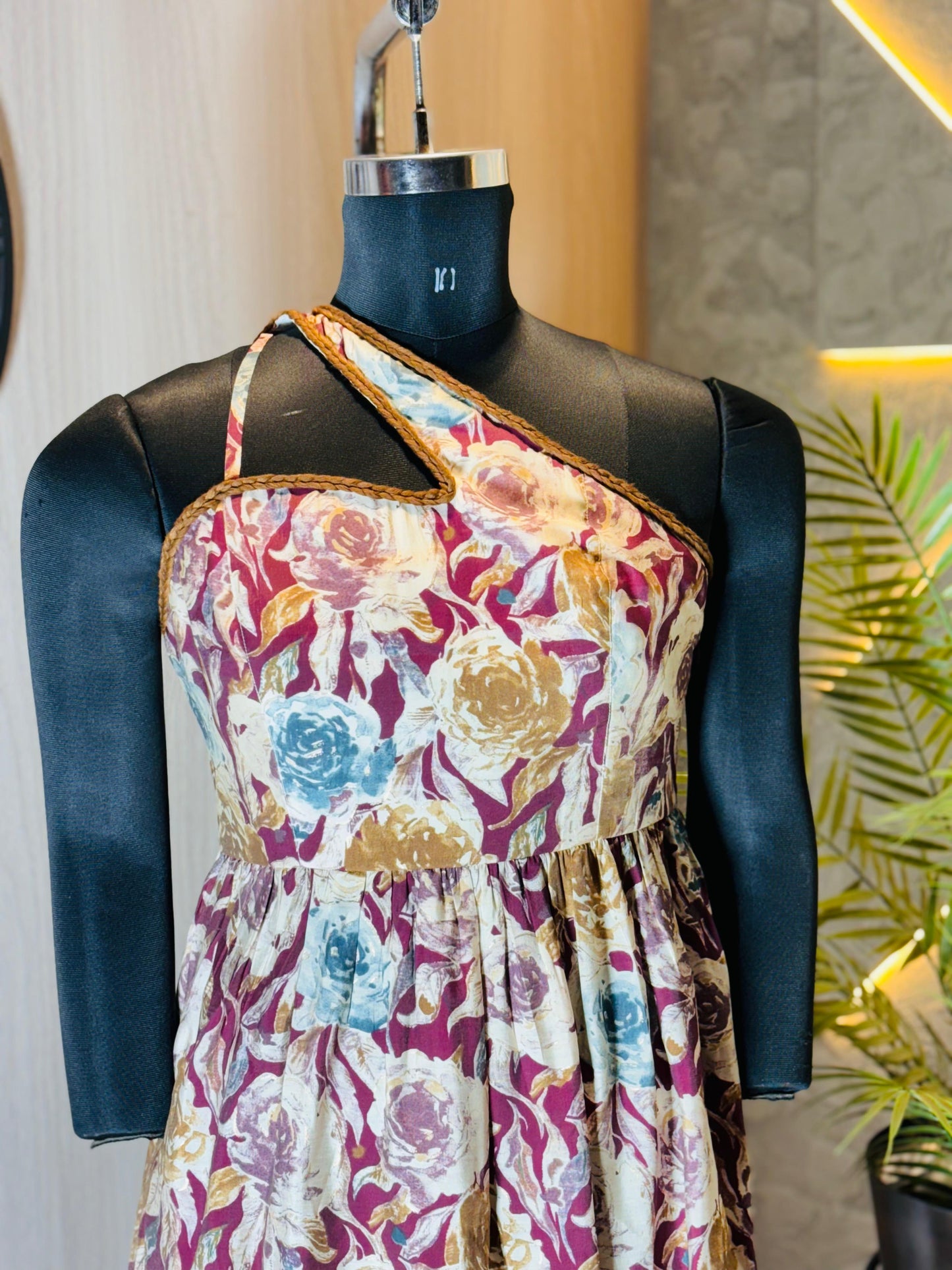 0228-D-HOB -Elegant Floral Printed One-Shoulder Maxi Dress - Made in india