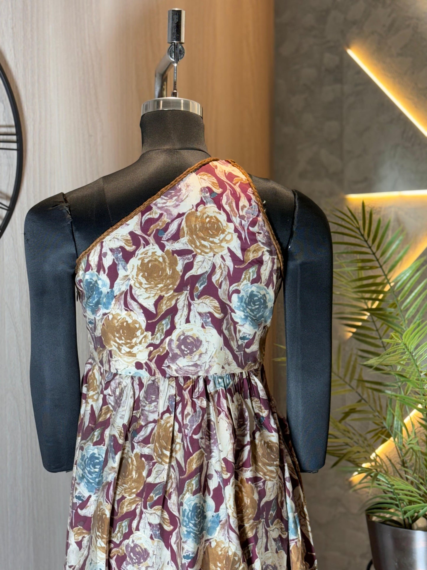 0228-D-HOB -Elegant Floral Printed One-Shoulder Maxi Dress - Made in india