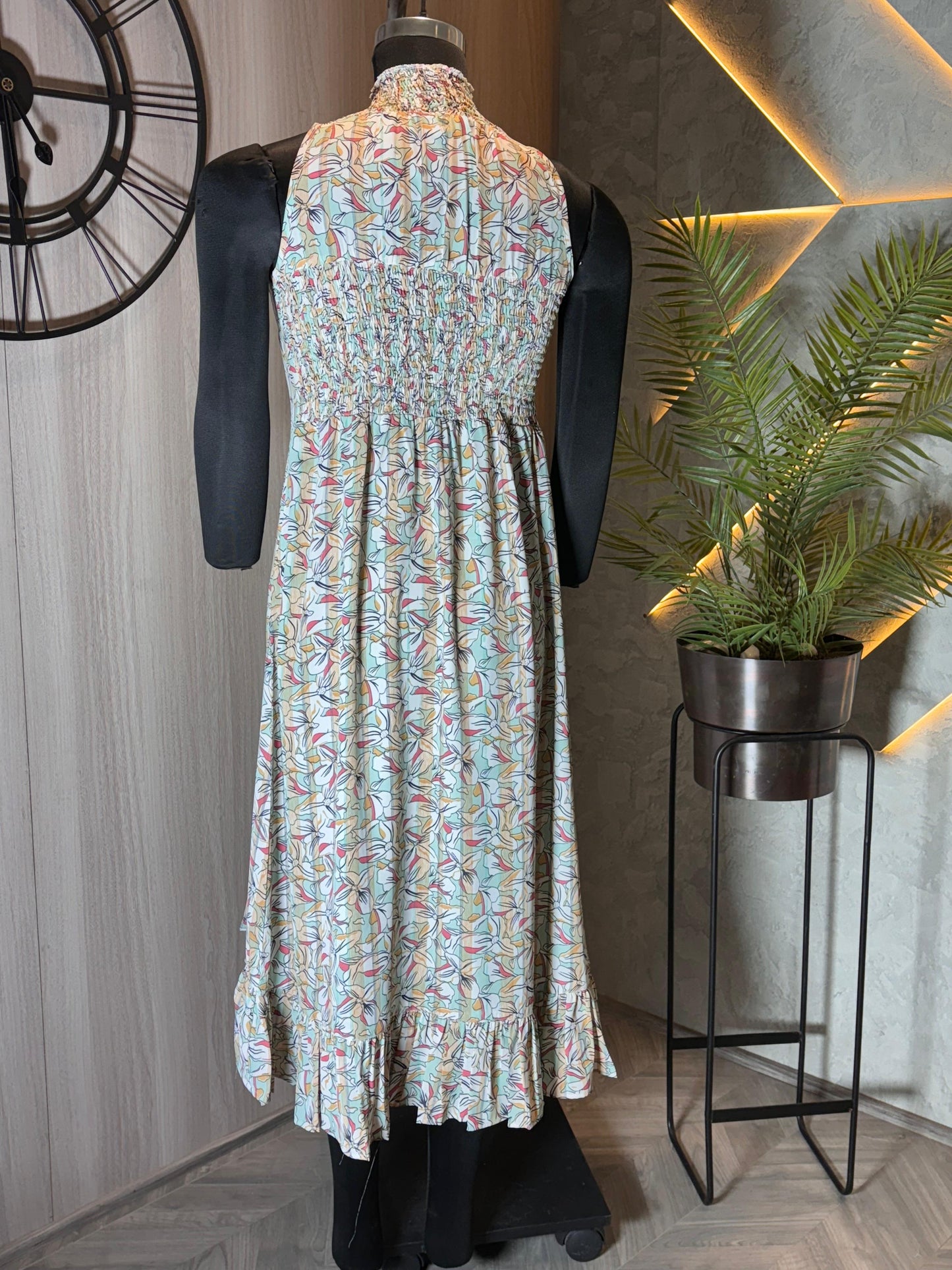 0229-D-HOB -Floral High-Neck Ruffle Hem Midi Dress - Made in india