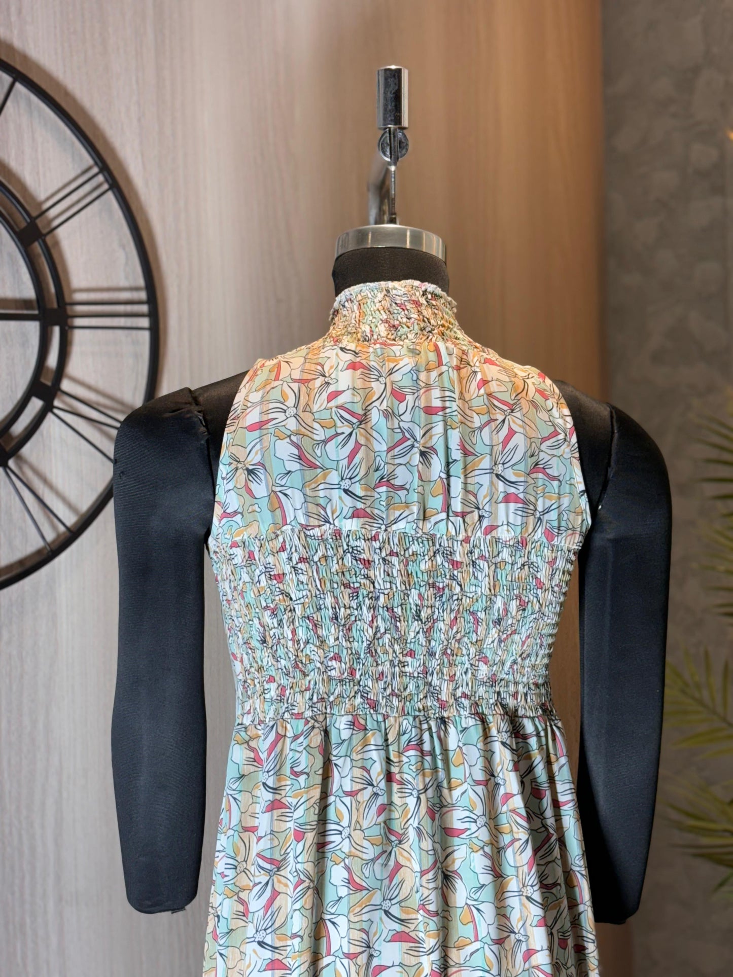 0229-D-HOB -Floral High-Neck Ruffle Hem Midi Dress - Made in india