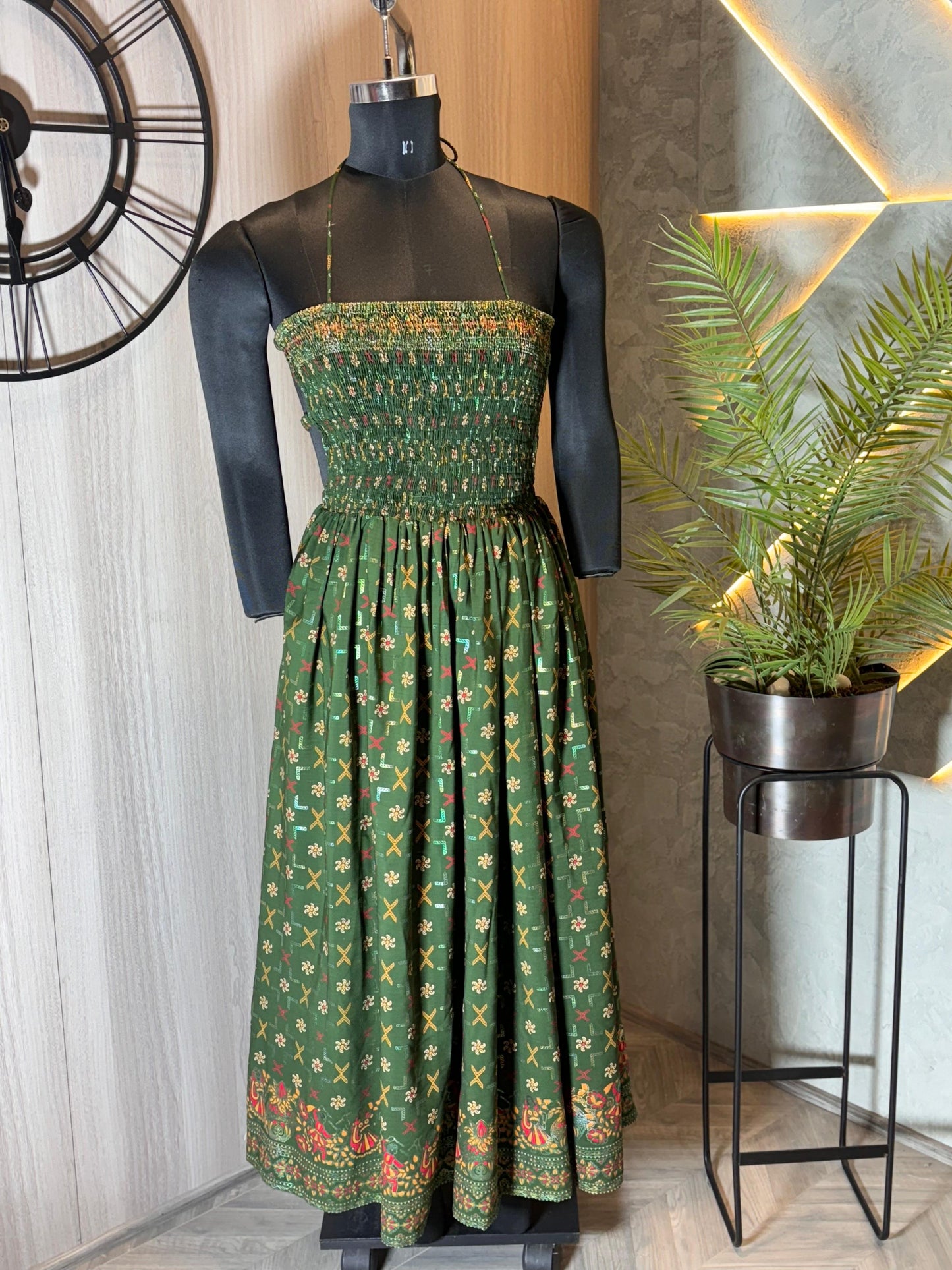 0230-D-HOB - Boho Chic Green Printed Smocked Crop Top – Indian Ethnic Style- Made in india