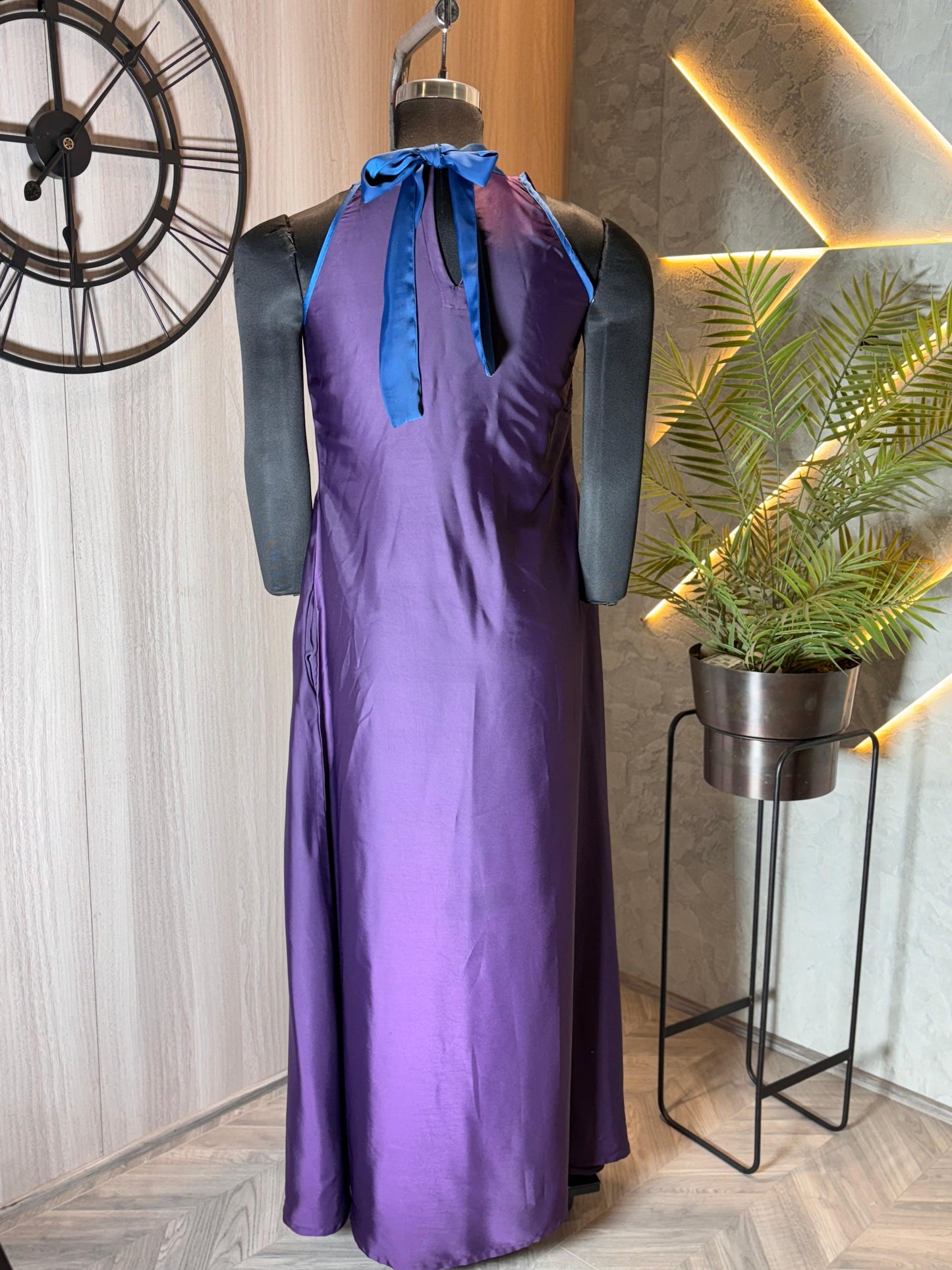 0231-D-HOB -Elegant cotton  Halter Neck Maxi Dress with Bow Tie – Purple & Blue - Made in india