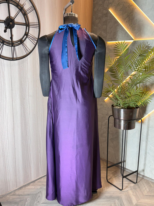 0231-D-HOB -Elegant cotton  Halter Neck Maxi Dress with Bow Tie – Purple & Blue - Made in india